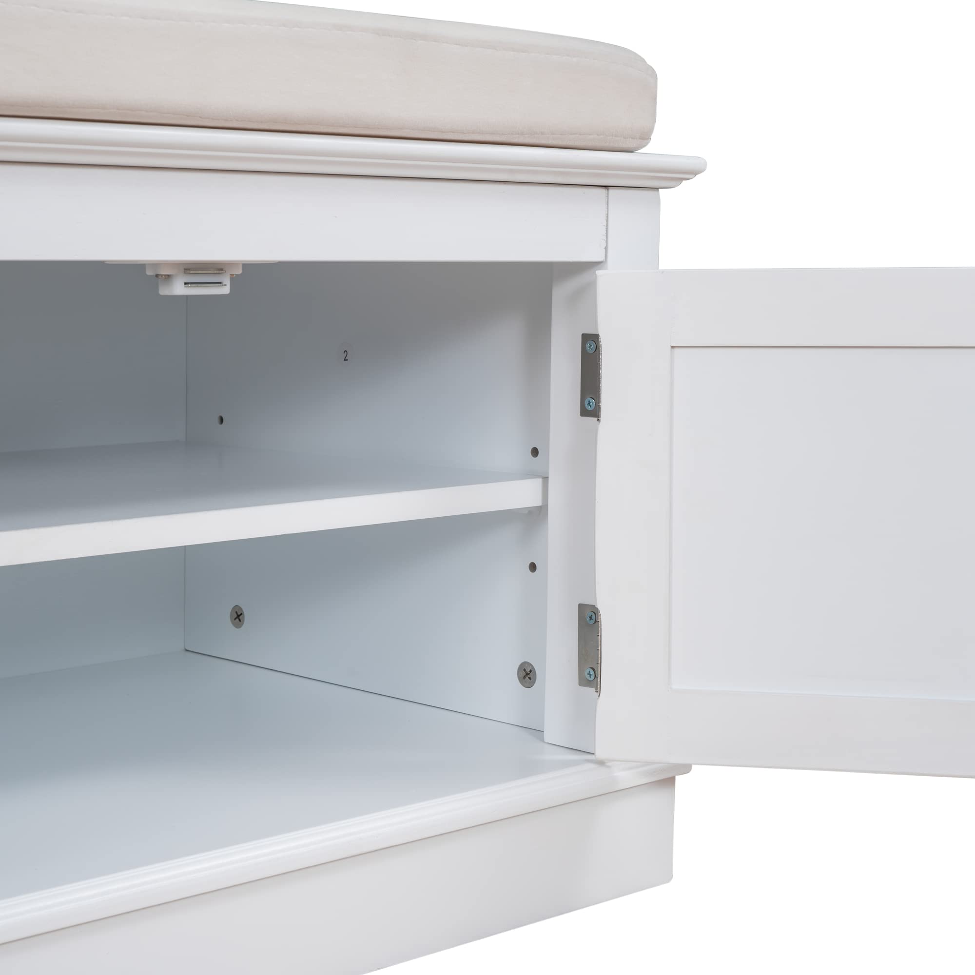 Harper & Bright Designs 4-Door Storage Bench with Removable Cushion & Adjustable Shelves - Entryway Shoe Bench for Living Room, Hallway, Bedroom - White - Perfect for Organizing Shoes, Blankets & Home Decor