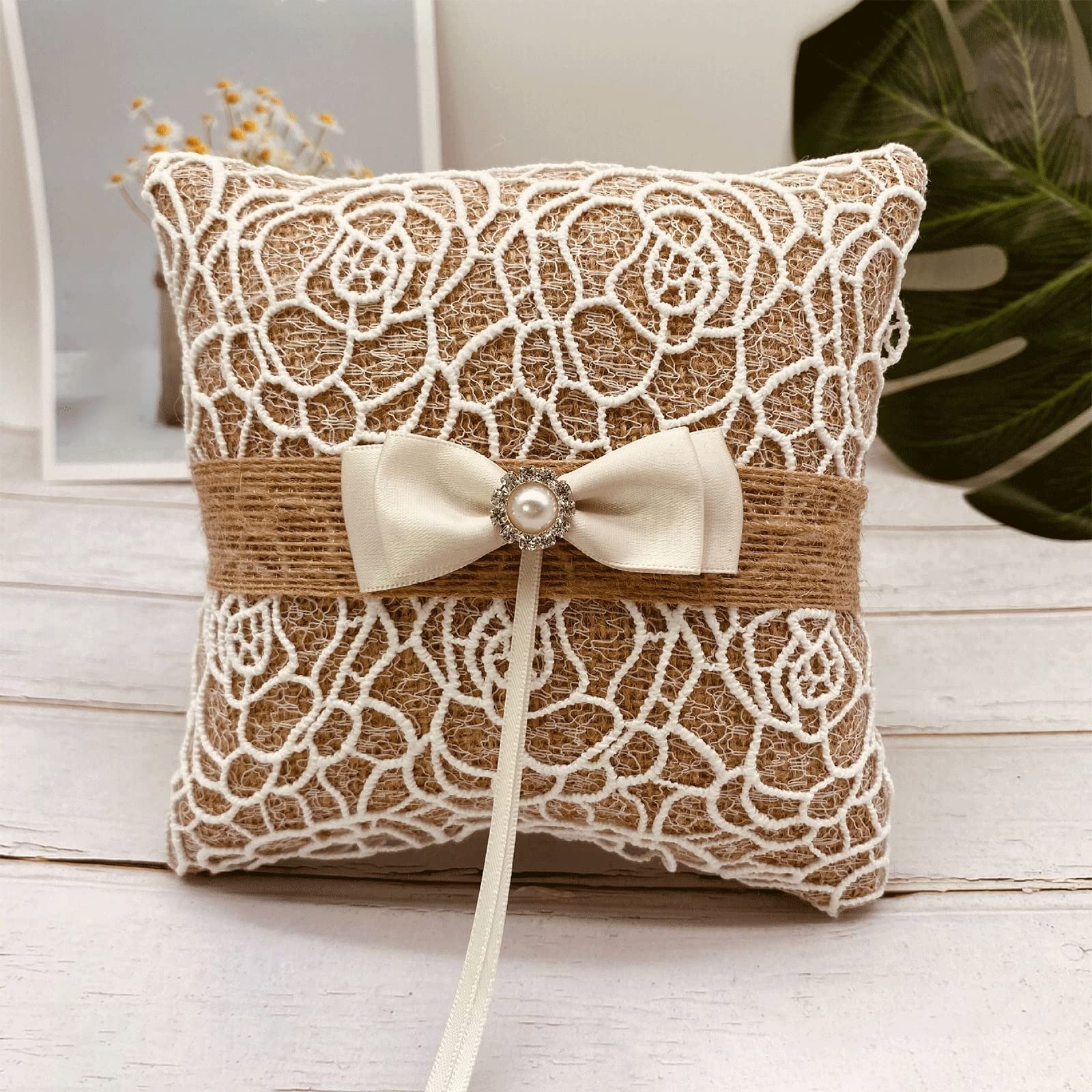 Feijia Burlap Ring Bearer Pillows with Lace Bow & Floral Embroidery - Elegant Pearl Linen Ribbon Wedding Accessories for Bridal Showers, Proposals & Ceremonies (Color B)