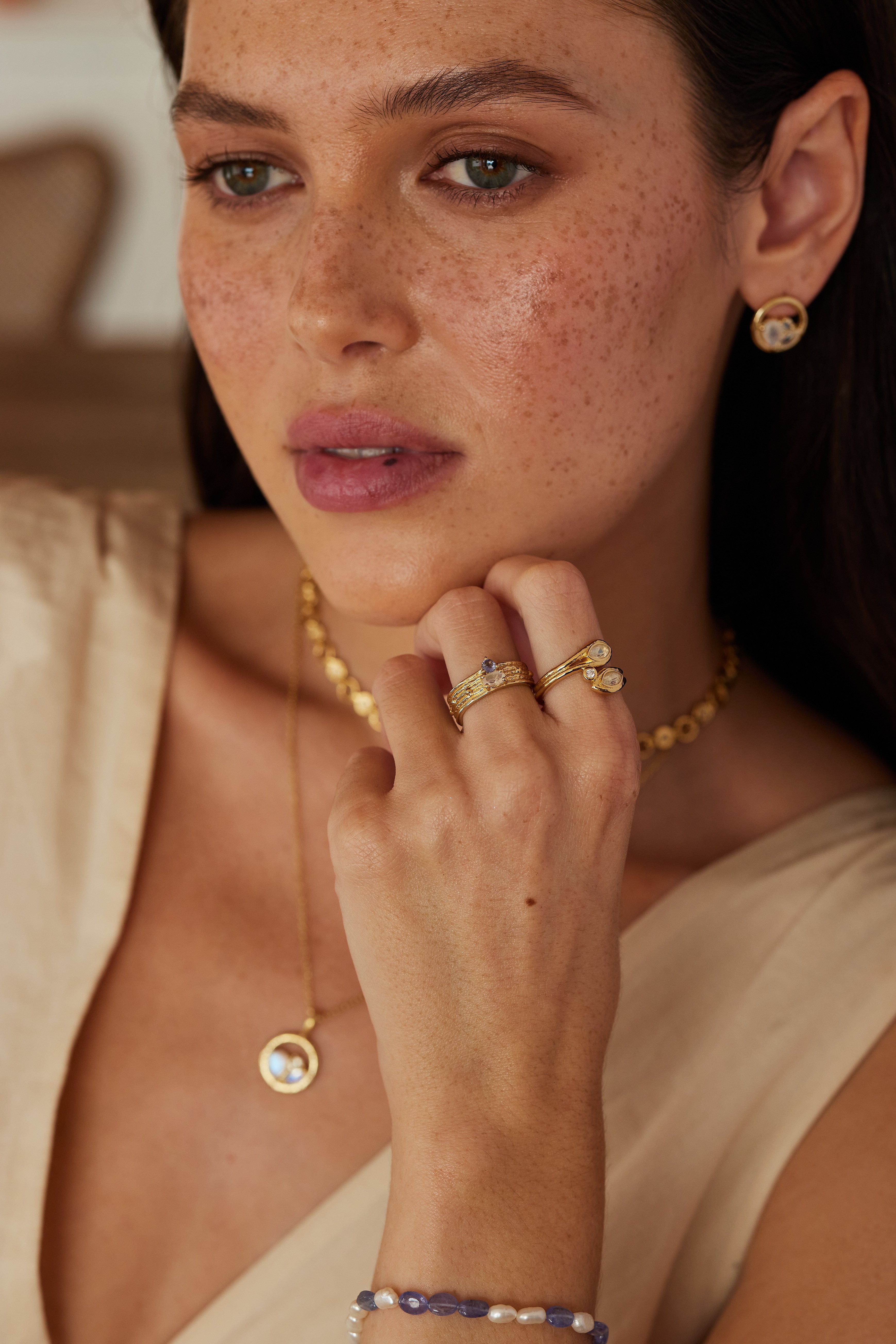 Asymmetric Iolite Gold Stackable Rings for Women - Elegant Layering Jewelry for Everyday Wear & Special Occasions
