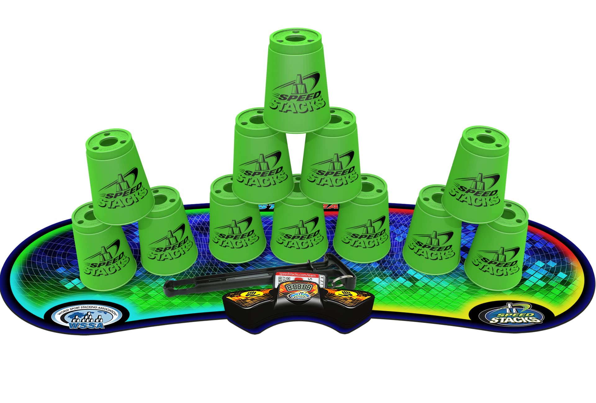 Speed Stacks Sport Stacking Cups Set - 12 Neon Green Competition Cups with GX Timer, Holding Stem & Mat | WSSA Approved | Perfect for Speed Stacking Tournaments & Family Game Nights
