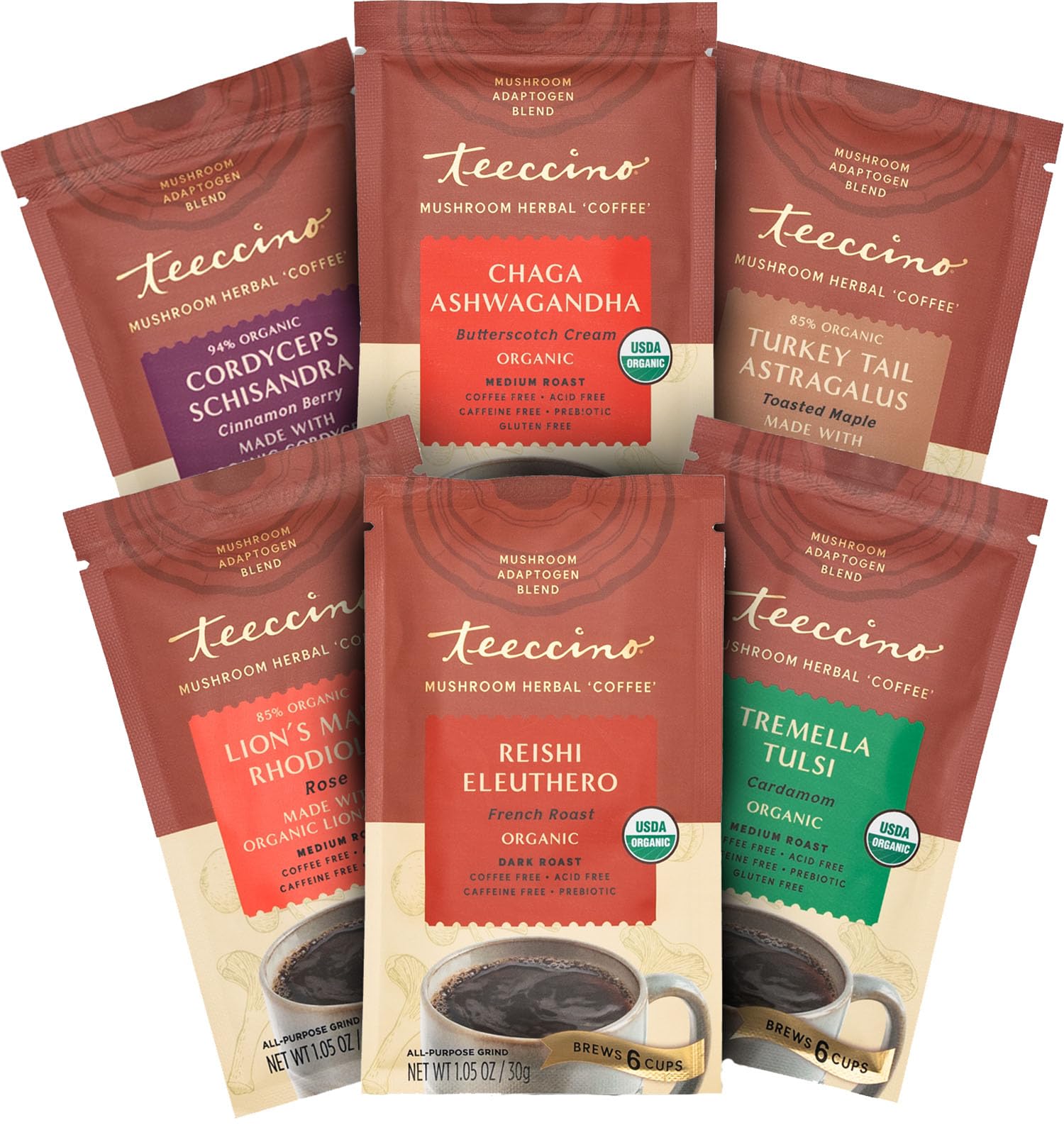 Organic Mushroom Adaptogen Herbal Coffee Sampler - 6 Pack Trial Size with Chaga, Ashwagandha, Reishi, Eleuthero & More - Caffeine-Free Coffee Alternative for Energy & Focus - Perfect for Morning Boost, Workout Recovery & Stress Relief