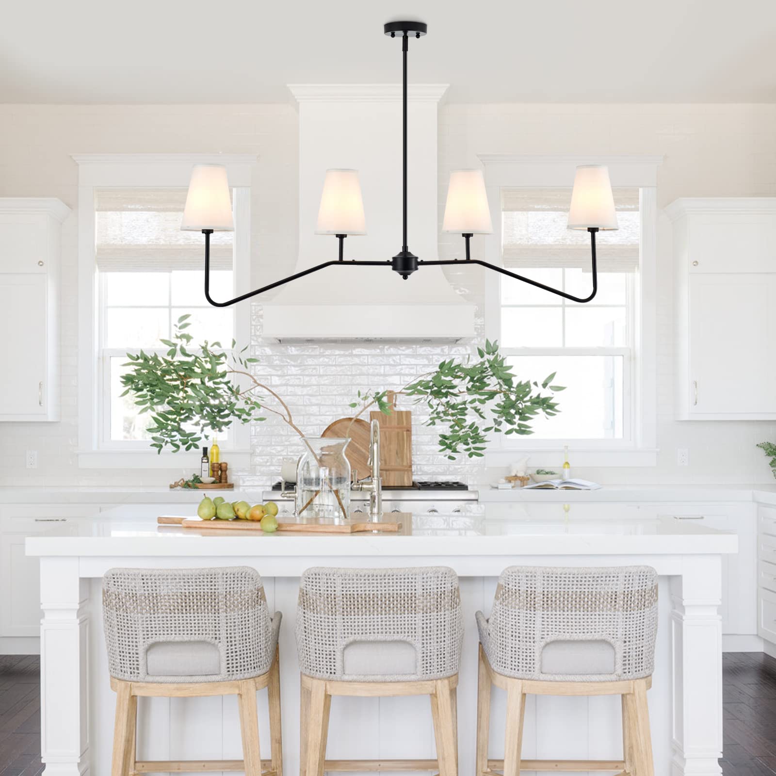 VILUXY Classic Linear Chandelier - 4-Light Modern Pendant Lighting for Kitchen Island, Dining Room & Living Room | Off-White Fabric Shade | Indoor Restaurant Lighting | Perfect for Contemporary Homes & Commercial Spaces