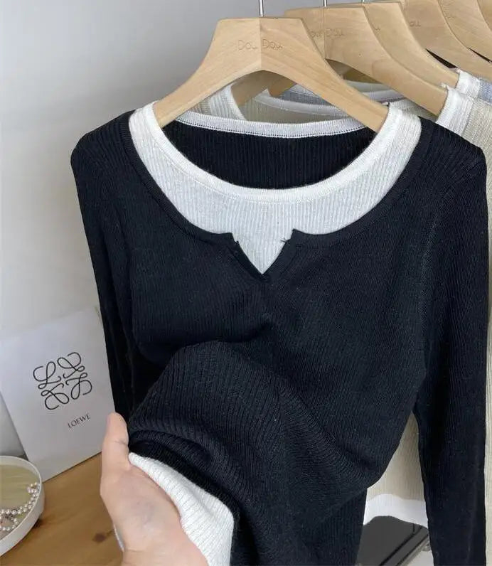 2024 New Women's French Casual Patchwork Long Sleeve Pullover Sweater - Round Neck Knitwear Top for Autumn Winter | Perfect for Holiday Gifts & Streetwear Fashion