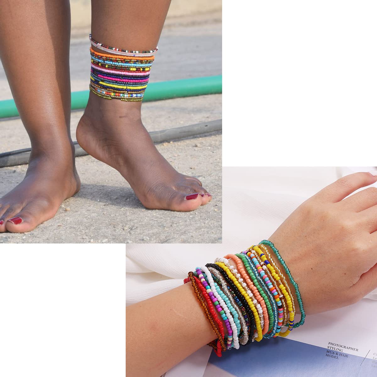 24PCS Boho Beaded Anklets for Women - Handmade Stretch Elastic Beaded Ankle Bracelets with Colorful Beads - Summer Beach Jewelry Gifts for Vacation, Festival & Boho Fashion Accessories