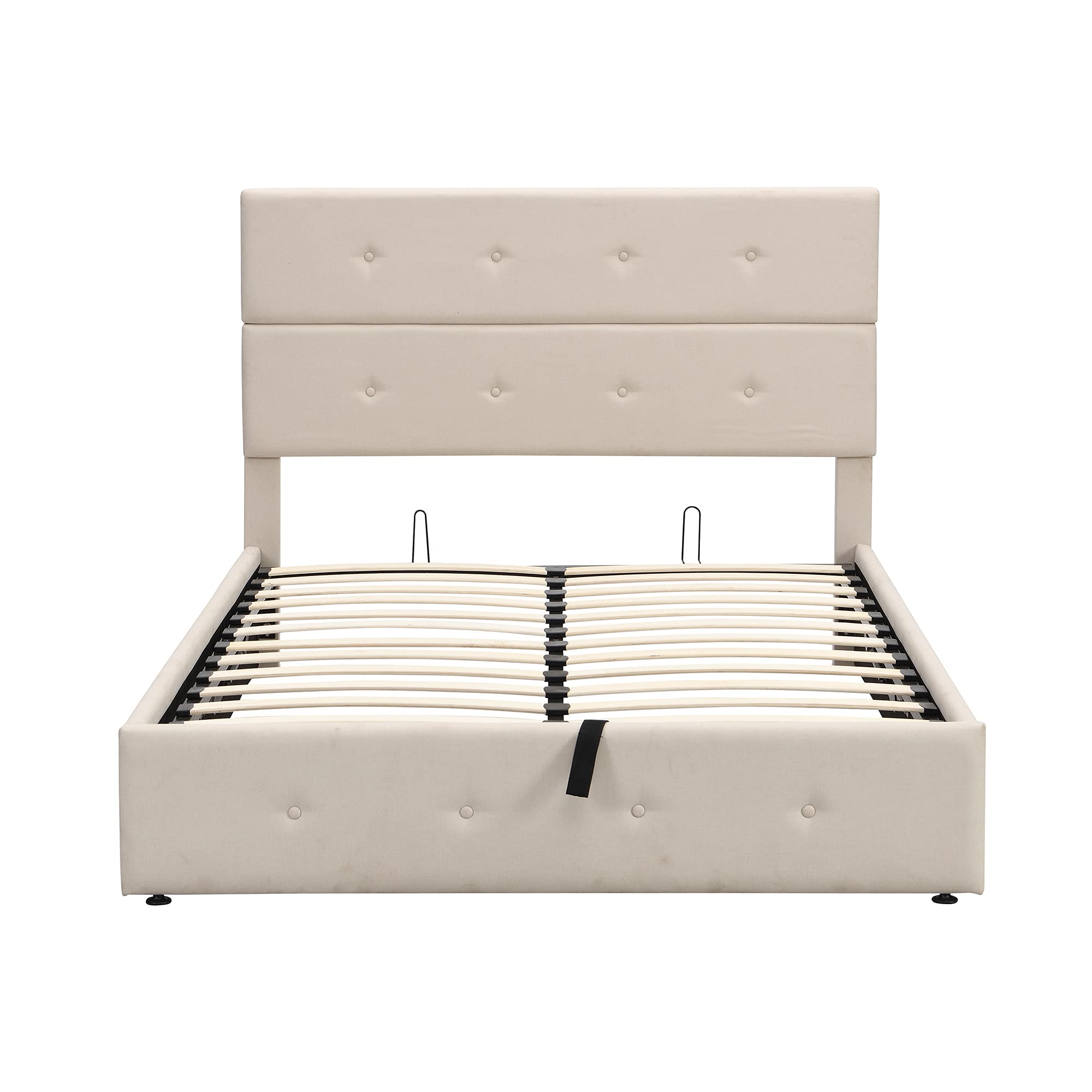 Full Upholstered Platform Bed with Underbed Storage | Metal Bed Frame with Lift-Up Storage & Button Tufted Linen Headboard | Beige Full Size Bed for Small Spaces & Guest Rooms