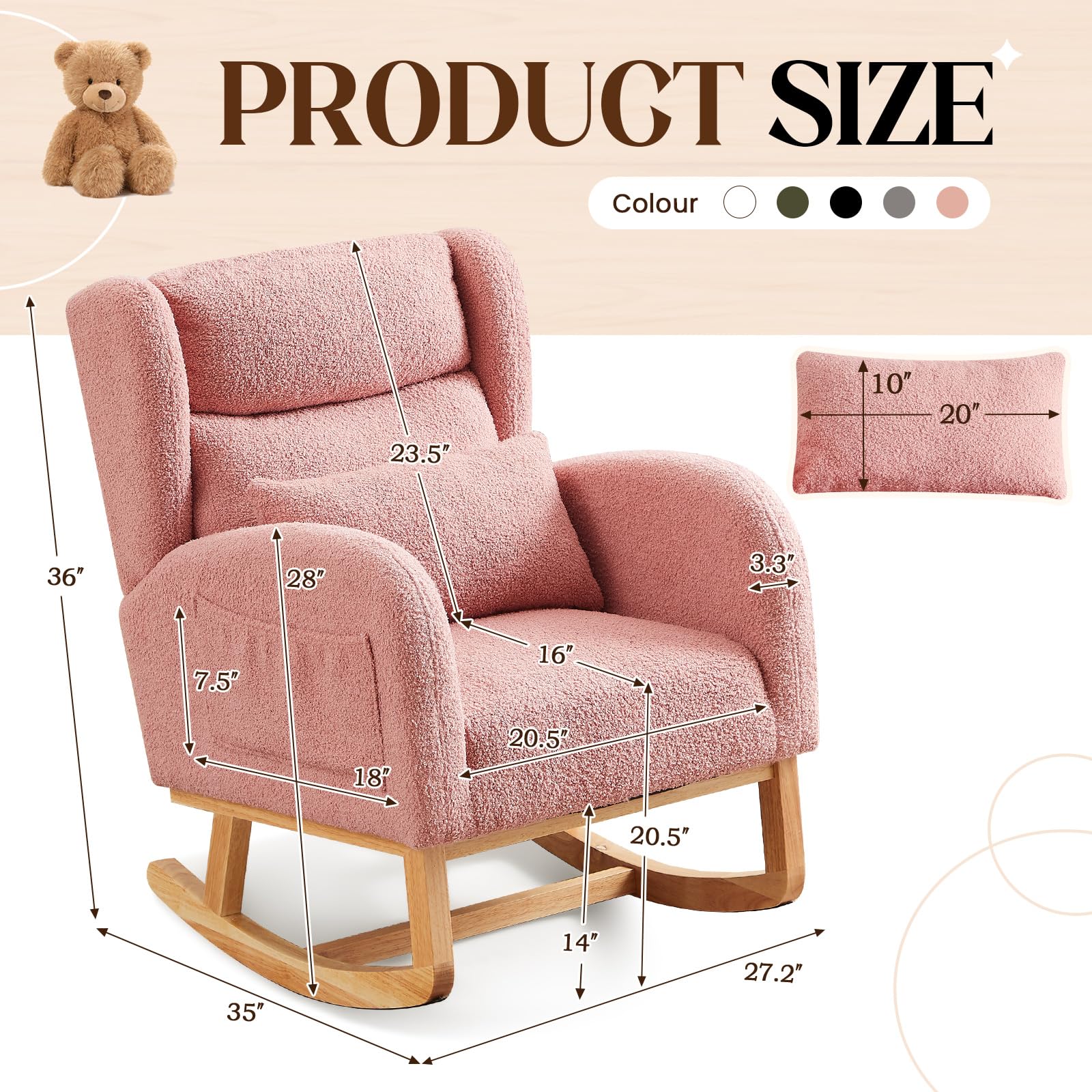 Antetek Modern Teddy Upholstered Rocking Chair - High Back Wingback Nursery Rocker with Lumbar Support Pillow, Comfortable Accent Armchair for Living Room, Bedroom & Nursery (Pink) | Perfect for Nursing, Relaxing & Nursery Decor