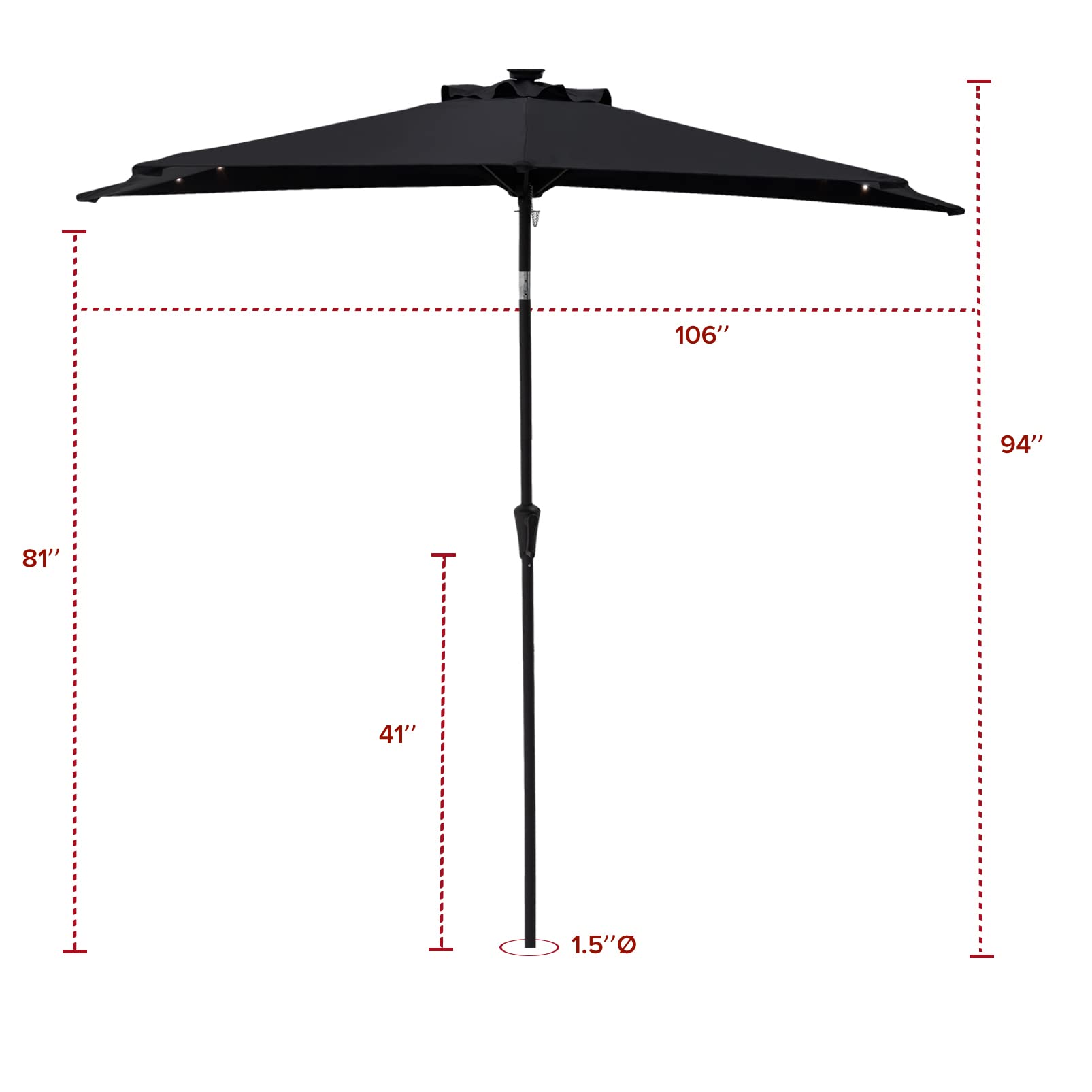 FLAME&SHADE 9ft Solar Powered Half Round Patio Umbrella with LED Lights & Tilt - Waterproof Outdoor Market Umbrella for Wall, Balcony, Garden, Deck (Black) | Perfect for Backyard, Poolside & Outdoor Dining