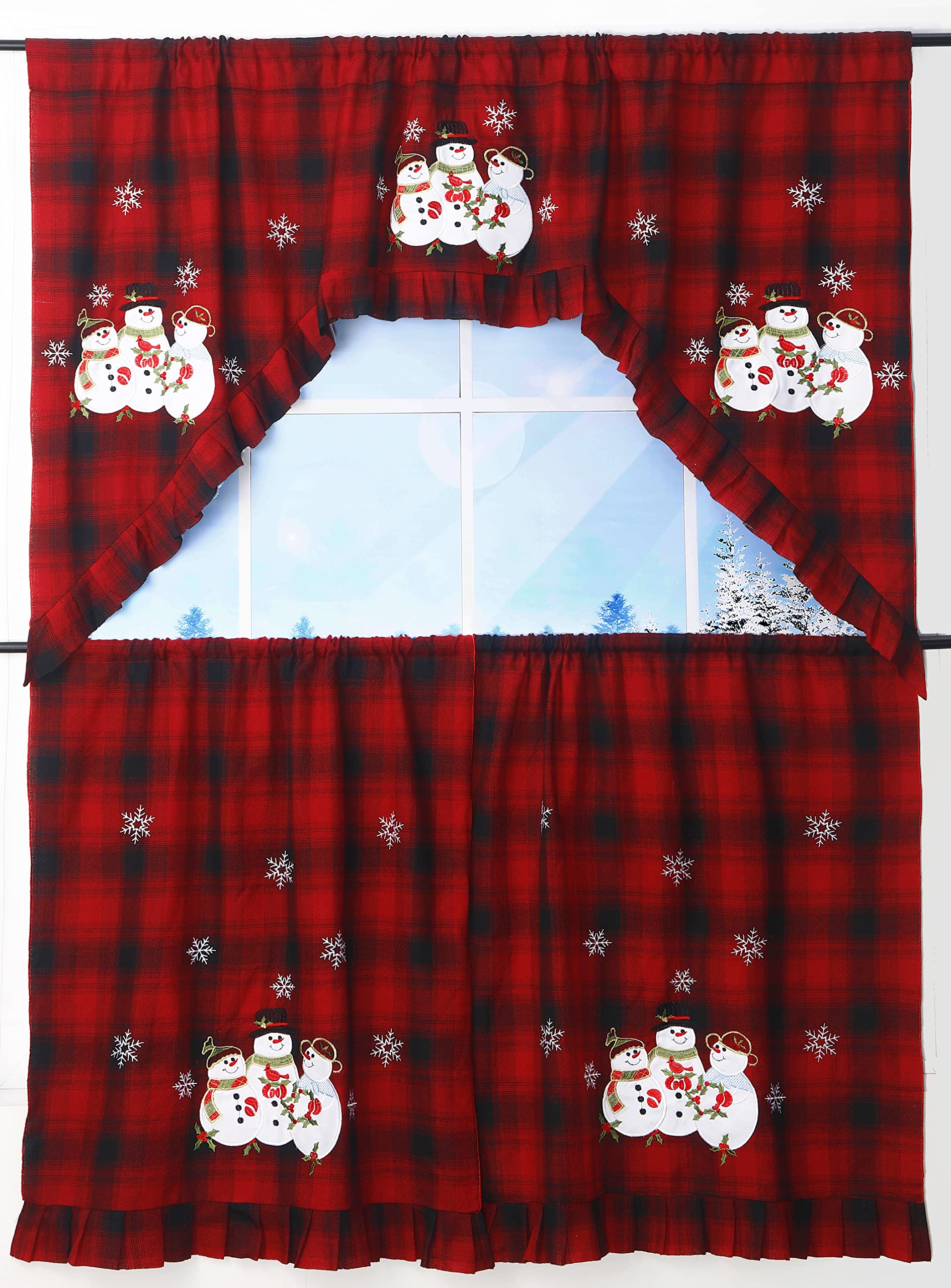 GRANDDECO 3-Piece Christmas Kitchen Curtain Set - Plaid Snowman Window Curtains with Valance for Small Windows | Rod Pocket Design for Bathroom & Kitchen Decor | Perfect for Holiday Home Styling