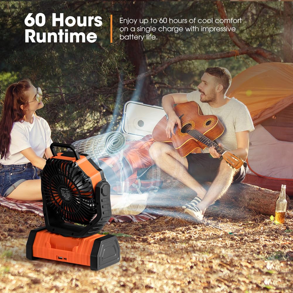 SanHima Portable Camping Fan with LED Light - 20000mAh Rechargeable Battery, 360° Rotating Hook, 4 Speed Settings & Oscillation - USB Powered Desk Fan for Outdoor Tent, Travel, Home Office, Beach & Fishing Adventures | Perfect for Summer Camping Trips and Indoor Cooling