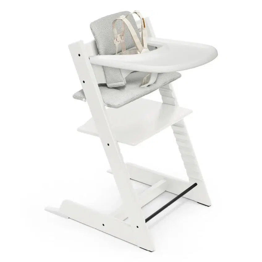 Stokke Tripp Trapp High Chair with Cushion & Tray - White & Nordic Grey | Adjustable Baby Feeding Chair for Newborn to Adult | Perfect for Dining, Kitchen & Family Mealtime