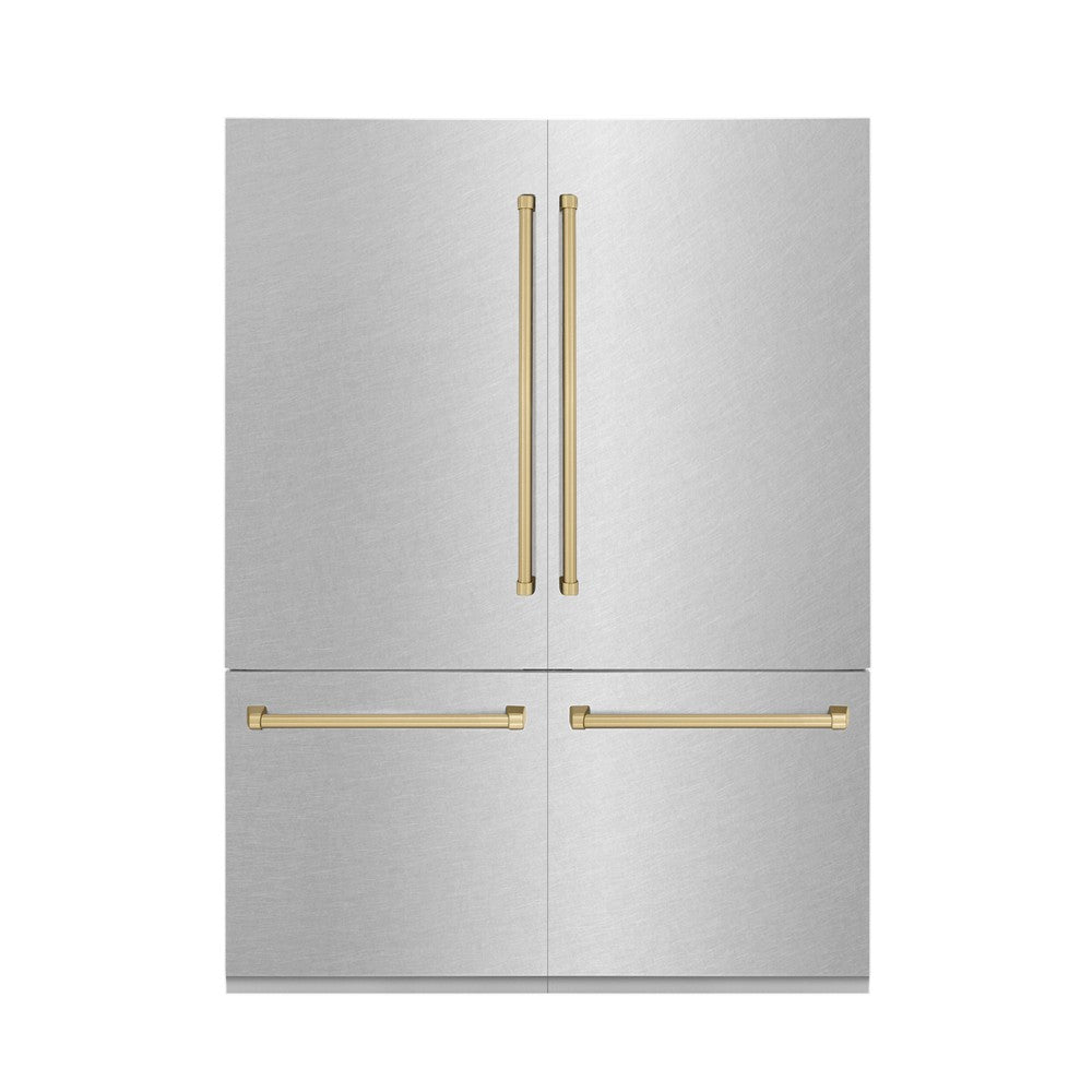 ZLINE Autograph Edition 60-Inch French Door Built-In Refrigerator with Bottom Freezer - 32.2 cu.ft Capacity, Water Dispenser & Ice Maker - Satin Stainless Steel with Champagne Bronze Accents (RBIVZ SN 60 CB) - Perfect for Modern Kitchens & Luxury Homes