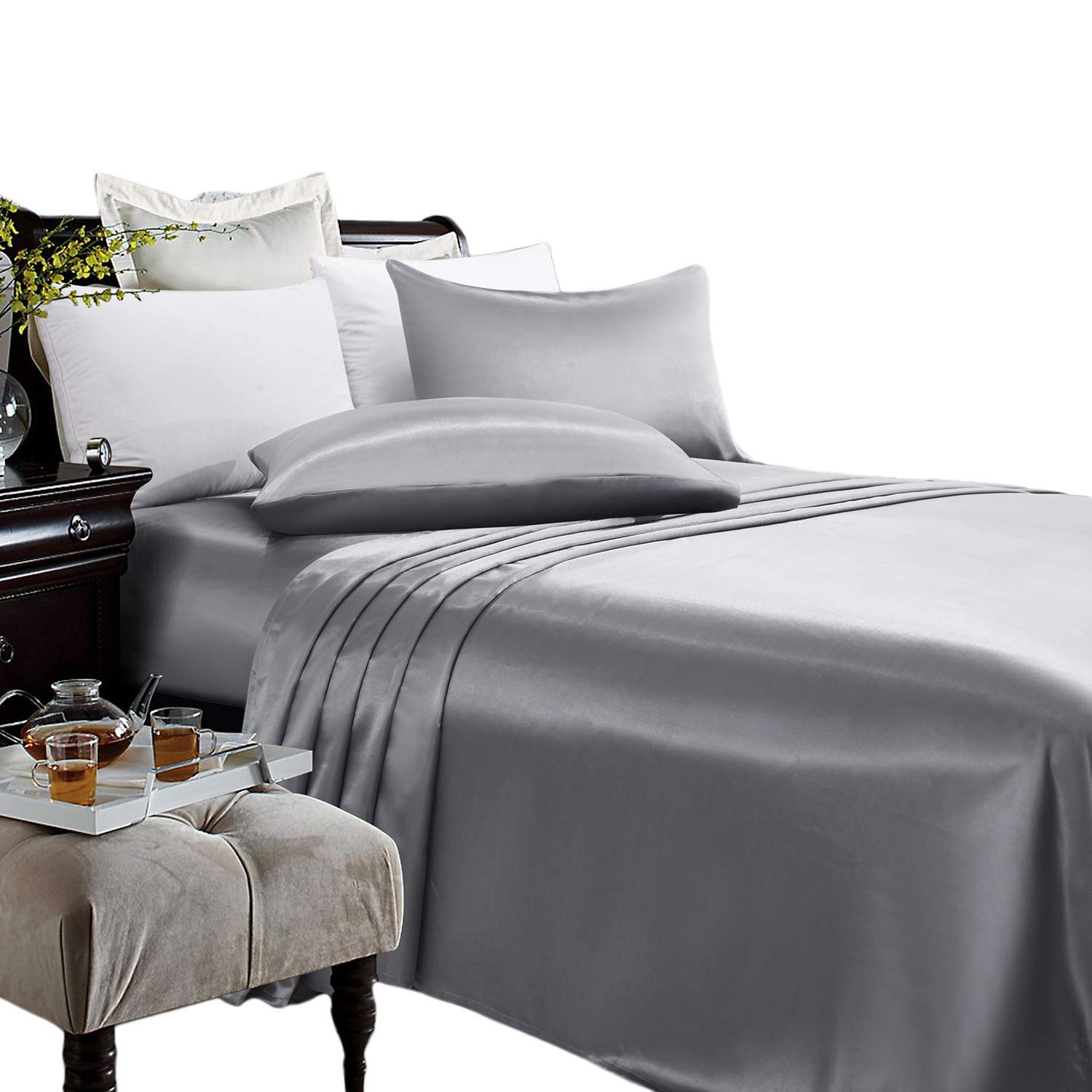 Luxury 100% Satin King Size Bed Sheets Set - 4 Piece Ultra Soft Bedding with 16