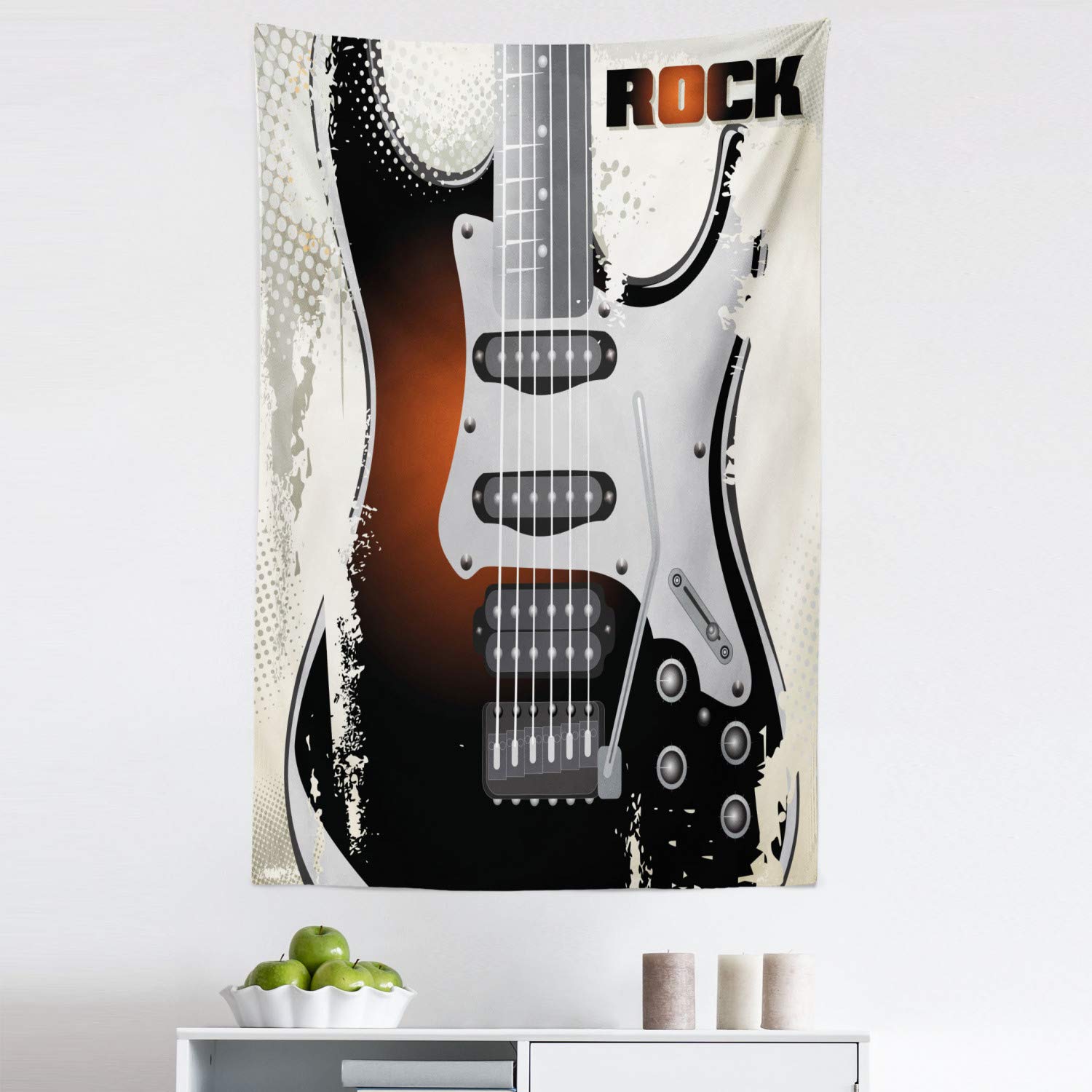Ambesonne Rock Music Tapestry Wall Art - Vintage Guitar Design with Strings & Retro Halftone Abstract Background - Grunge Fabric Wall Hanging Decor for Bedroom, Living Room, Dorm - 30