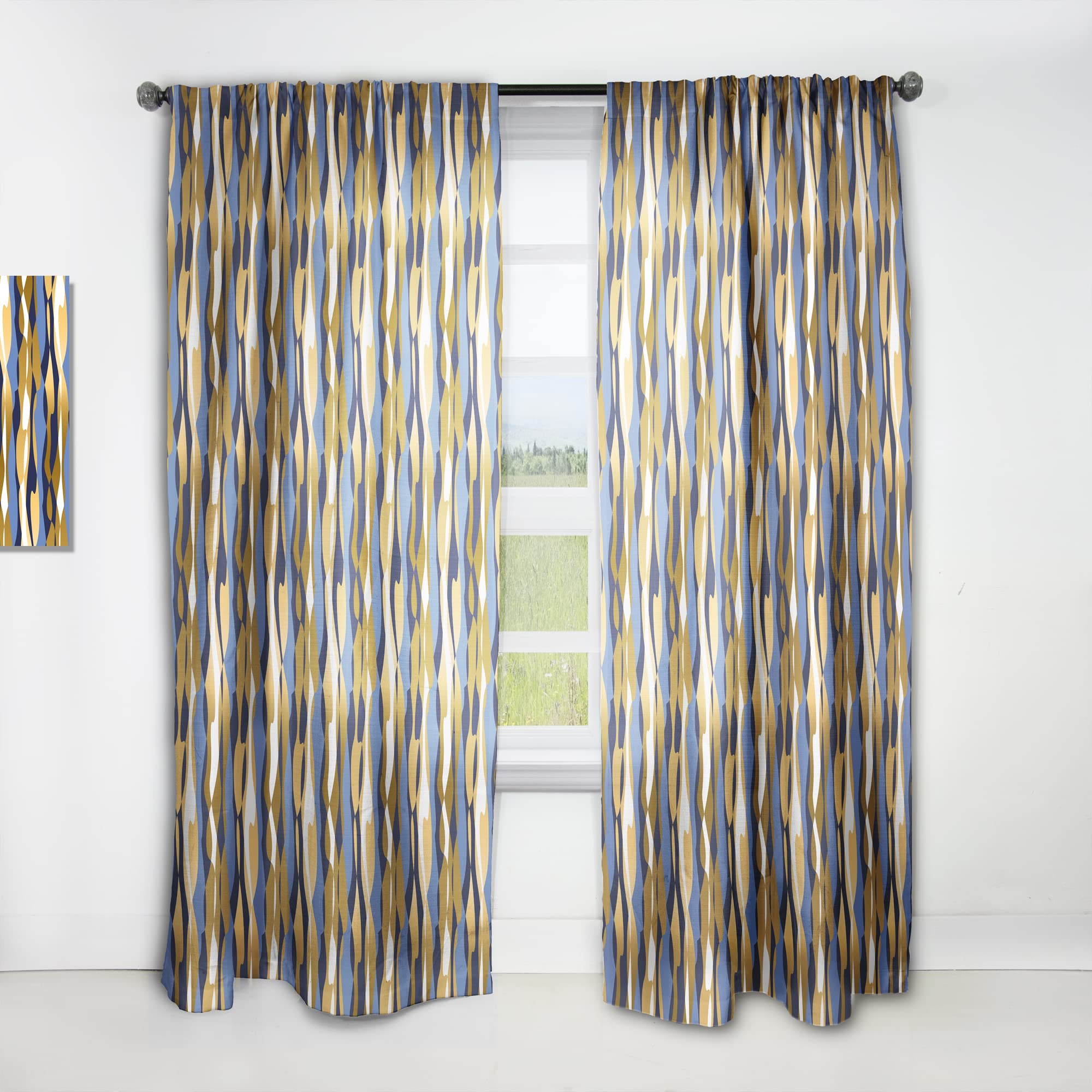 Retro Luxury Wave Pattern Thermal Insulated Curtains - Gold & Blue Single Panel (52x63 inches) for Bedroom & Living Room - Elegant Home Decor & Light Blocking Drapes