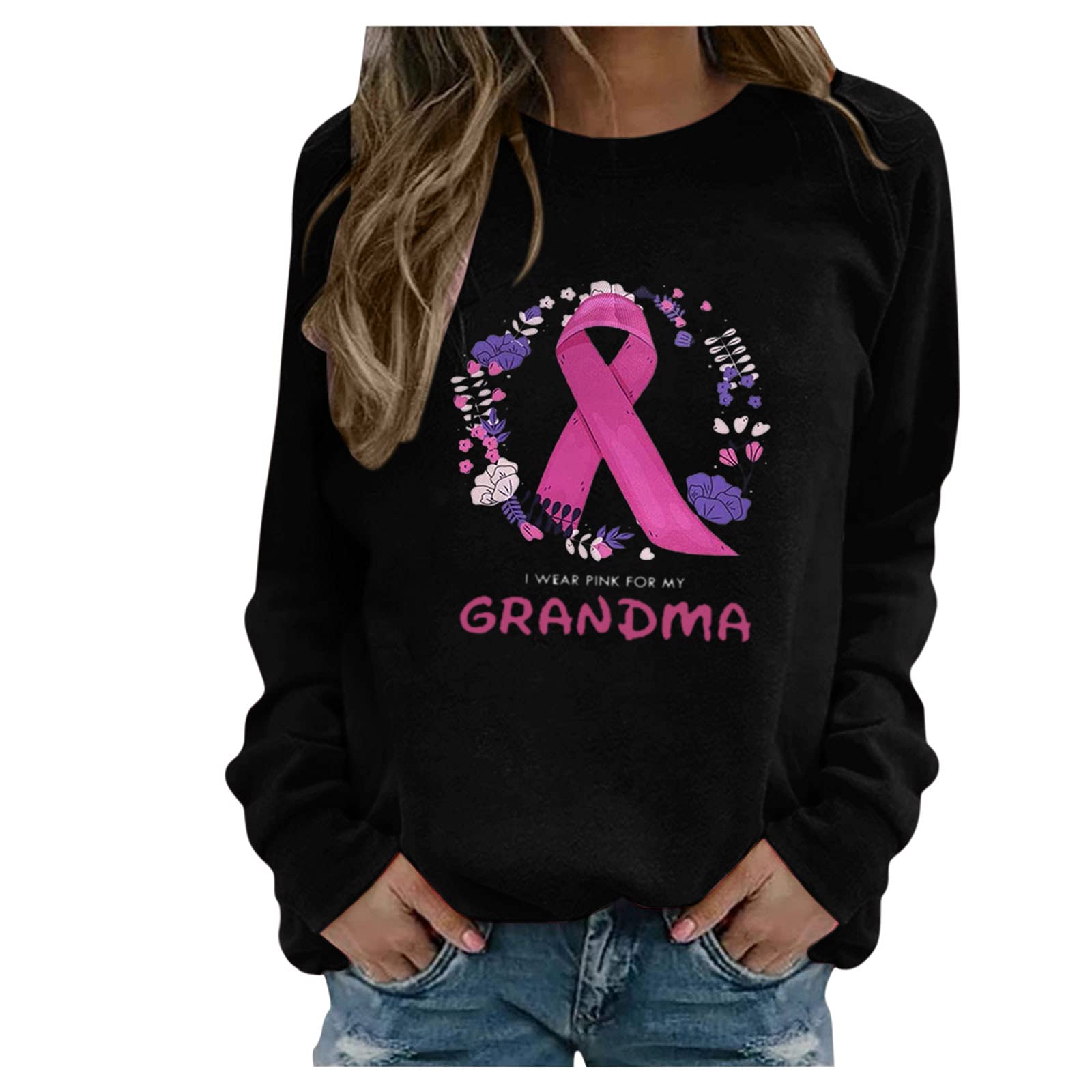 Women's Pink Ribbon Sweatshirt - Casual Round Neck Long Sleeve Pullover Top | Breast Cancer Awareness Month Apparel | Perfect for Everyday Wear, Fundraising Events & Supportive Outfits