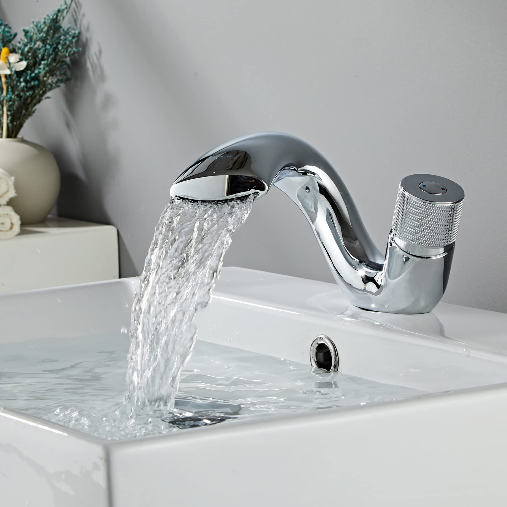 Wovier Waterfall Chrome Bathroom Sink Faucet with Supply Hose - Single Handle Single Hole Lavatory Faucet, Slanted Body Basin Mixer Tap for Commercial & Home Use - Perfect for Restaurants, Hotels, and Modern Bathrooms