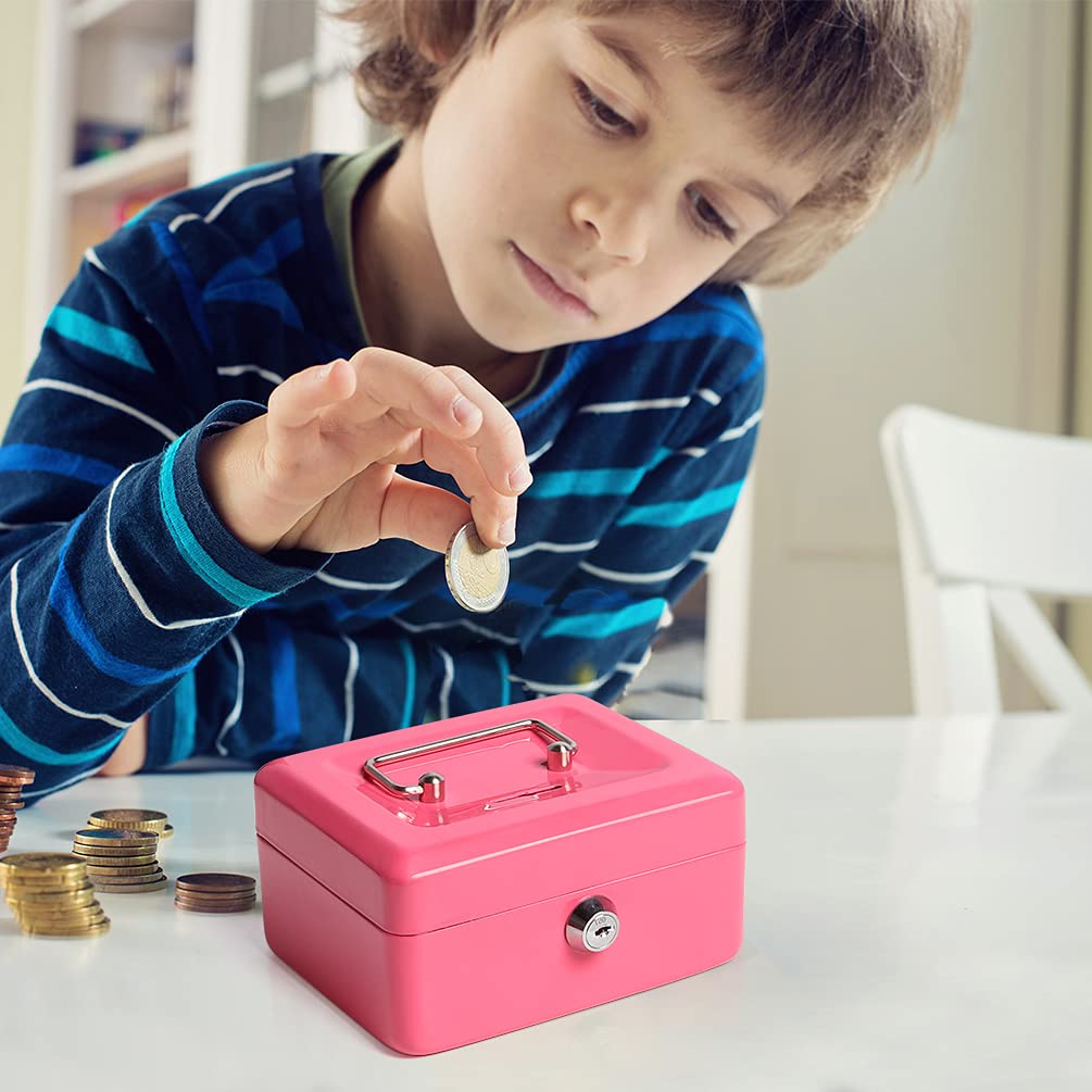 Jssmst Small Lock Cash Box with Money Tray - Secure Pink Locking Money Box for Kids with Top Slot (5.91 x 4.72 x 2.95 inches) - Perfect for Allowance Savings, Piggy Bank Alternative, and Home Office Cash Management (Model CB003-P)