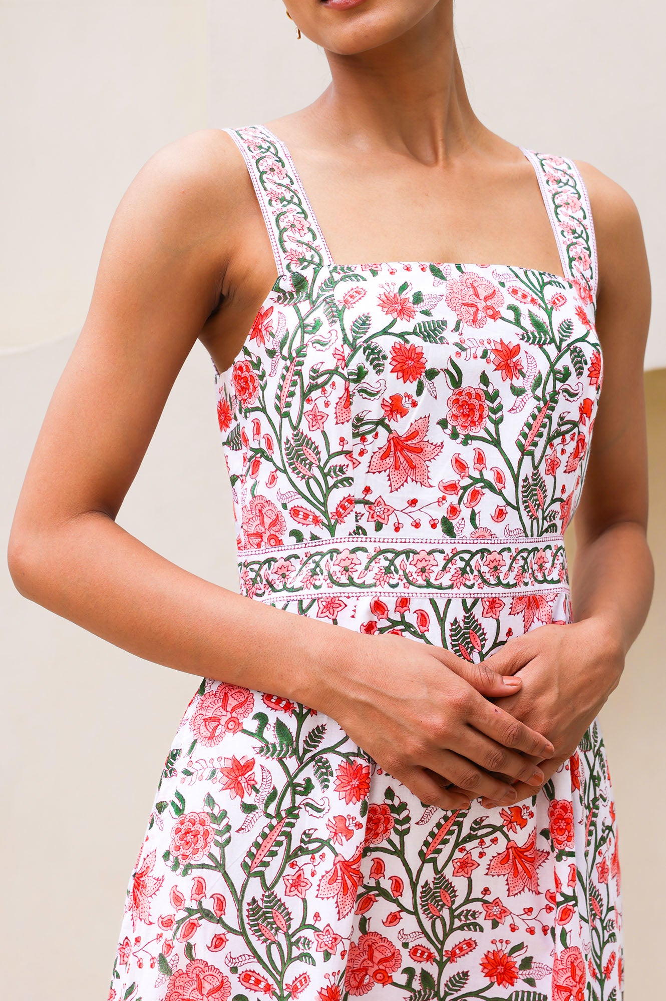 Aurelia Organic Cotton Block Print Dress - Gardenia Pink & Green Floral | Boho Summer Dress for Women | Perfect for Beach, Vacation & Casual Outings
