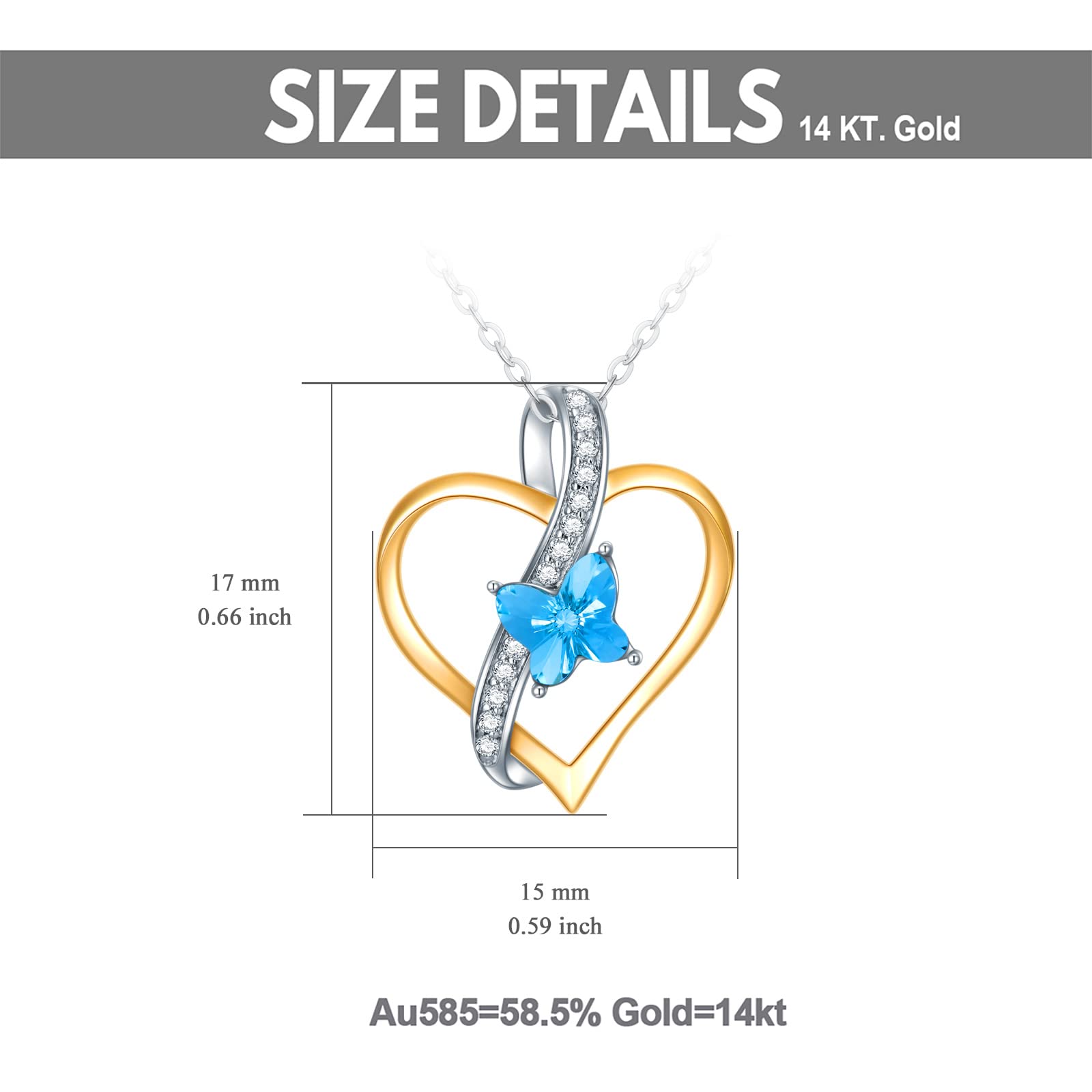 14K Yellow & White Gold Heart Necklace with Blue Butterfly & Cubic Zirconia - Elegant Women's Jewelry for Mother's Day, Anniversary, Birthday Gifts - Perfect for Wife, Grandma - 16''-18'' Adjustable Chain - Ideal for Weddings, Date Nights & Special Occasions