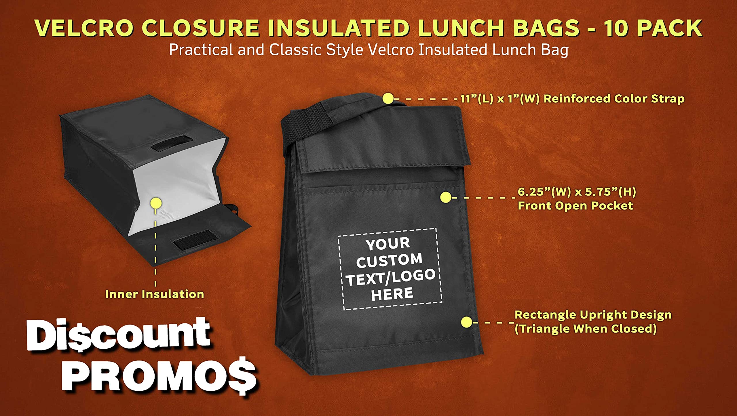 10 Pack Insulated Lunch Bags with Hook & Loop Closure - Customizable Text & Logo - Durable Polyester Reusable Lunch Box for Work, School & Picnic - Vibrant Black Thermal Food Carrier