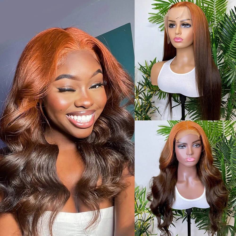Eullair Ombre Brown Ginger Body Wave/Straight Human Hair Lace Frontal Wig - Celebrity Hairstyle for Everyday Wear, Parties & Special Occasions