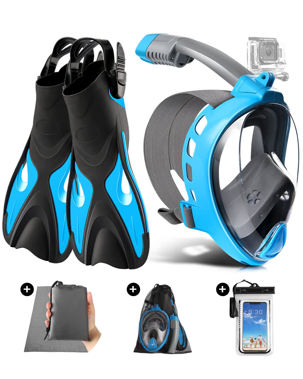 Odoland 5-in-1 Snorkel Set for Adults - Full Face Snorkel Mask, Adjustable Swim Fins, Beach Blanket, Waterproof Case & Mesh Bag - Anti-Fog Anti-Leak Scuba Gear for Men & Women - Perfect for Beach Vacations, Snorkeling Adventures & Water Sports