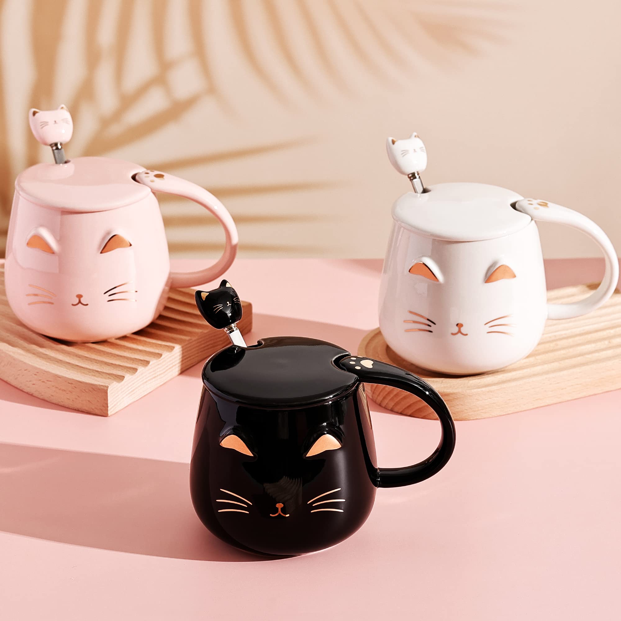 3-Piece Ceramic Cat Mug Set with Lid, Spoon & Coaster - 13oz Cute Cat Coffee Cups for Women, Kids & Cat Lovers - Perfect Christmas Birthday Gift (Black, White, Pink) - Ideal for Tea, Coffee & Hot Chocolate at Home or Office