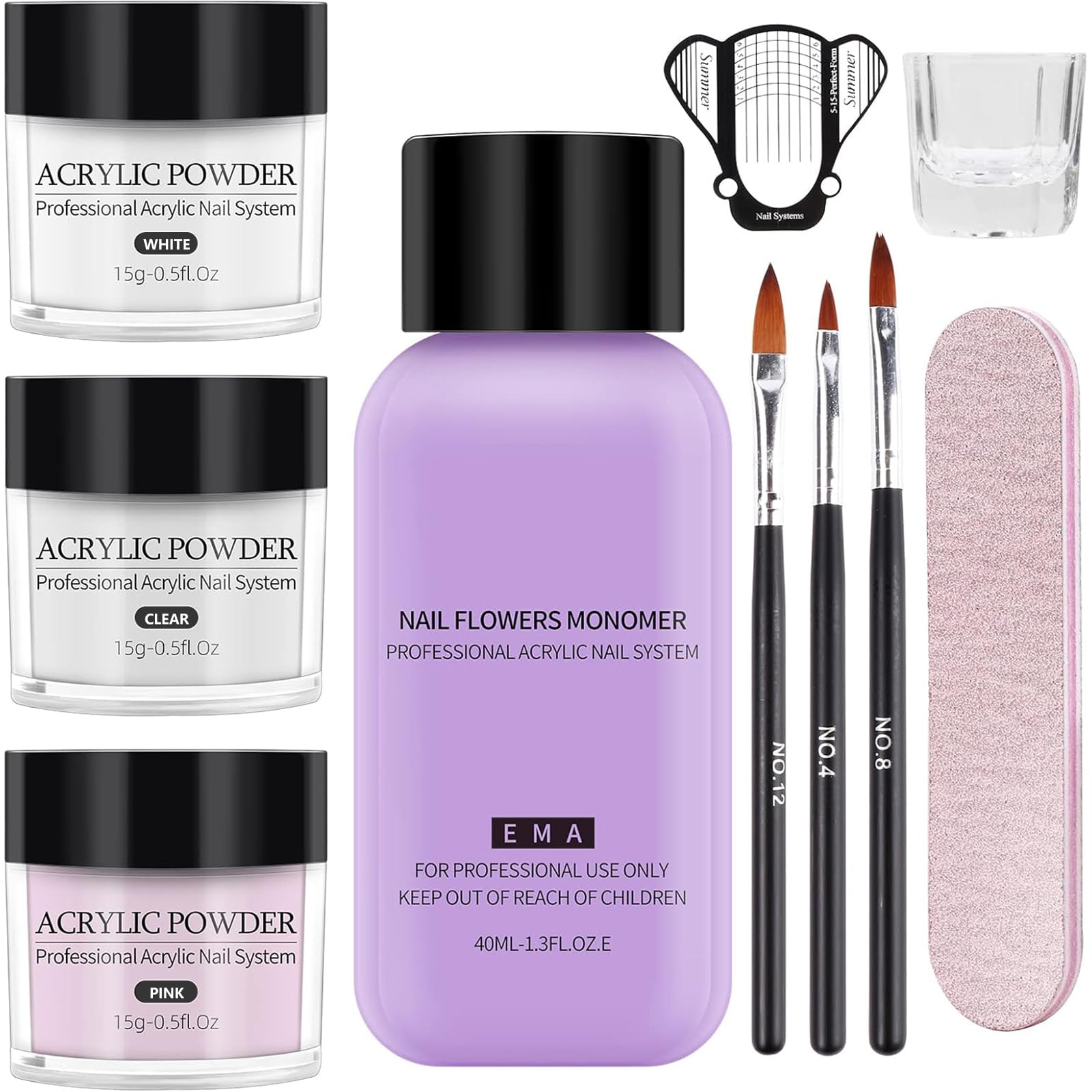 Professional Acrylic Nail Kit Set with Pink, White & Clear Powder - DIY Manicure Supplies for Salon & Home Nail Art | Perfect for Beginners & Professionals