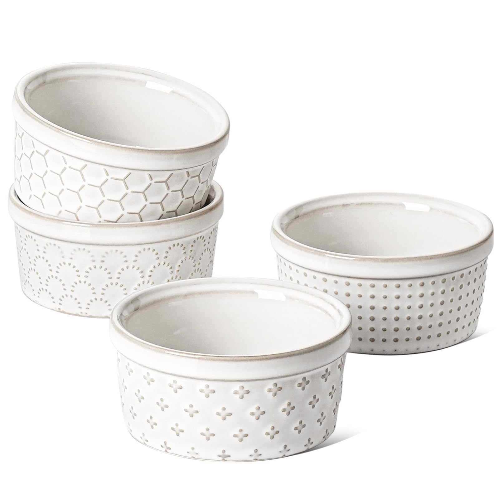LE TAUCI 6 oz Ceramic Ramekins - Set of 4, Arctic White for Baking Creme Brulee & Desserts