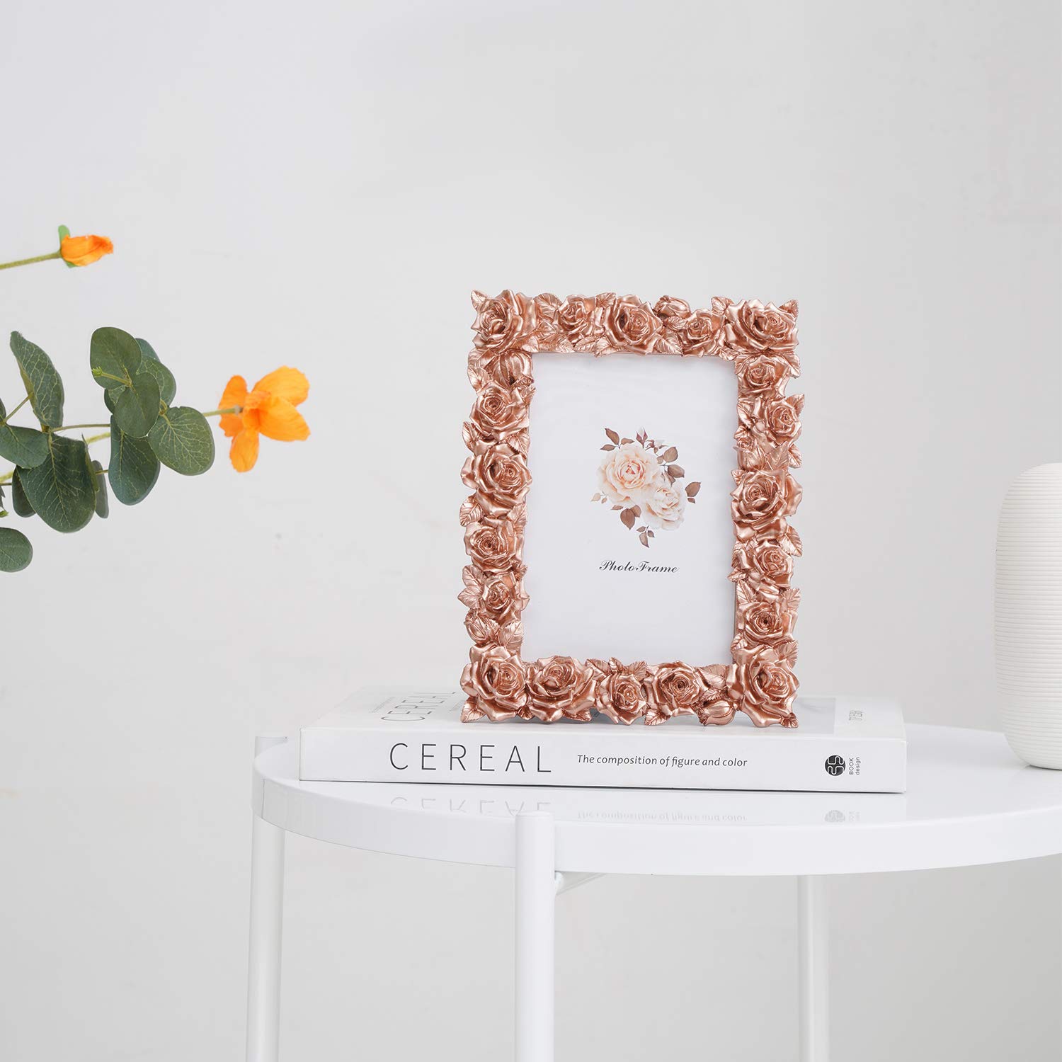 5x7 Inch Rose Gold Resin Picture Frame with Rose Flower Design & HD Plexiglass - Elegant Tabletop Photo Display for Home, Office, Wedding Decor & Gift Giving