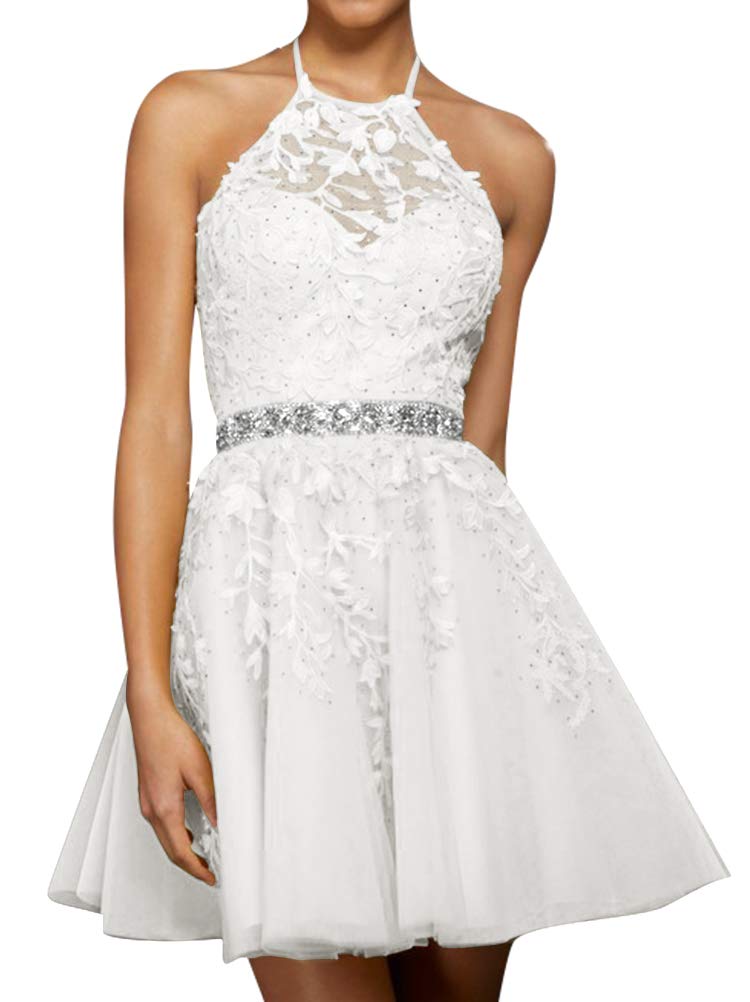 Elegant White Tulle Short Homecoming Dress for Women - Halter Neckline, A-Line Silhouette, Lace Details, Prom & Party Mini Gown - Size 20W | Perfect for Dances, Weddings & Special Occasions