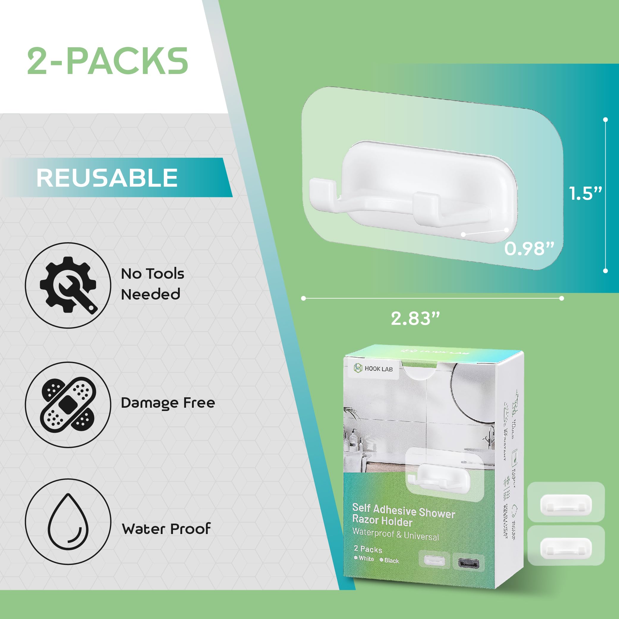 Self-Adhesive Shower Razor Holder - 2 Pack Waterproof Hooks for Bathroom & Kitchen - Removable & Reusable for Towels, Bath Accessories - White - Perfect for Shower Organization & Small Space Storage