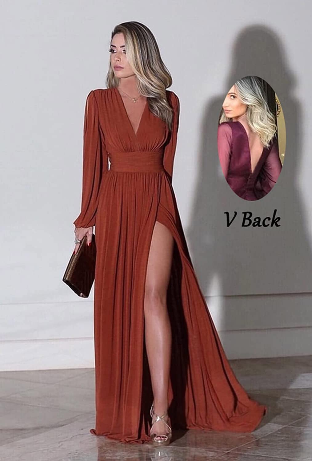Elegant Long Sleeve V-Neck Prom Dress with Thigh Slit & Pocket - Formal Evening Gown for Women (US Size 26W, Emerald Green) | Perfect for Weddings, Galas, Homecoming & Special Occasions