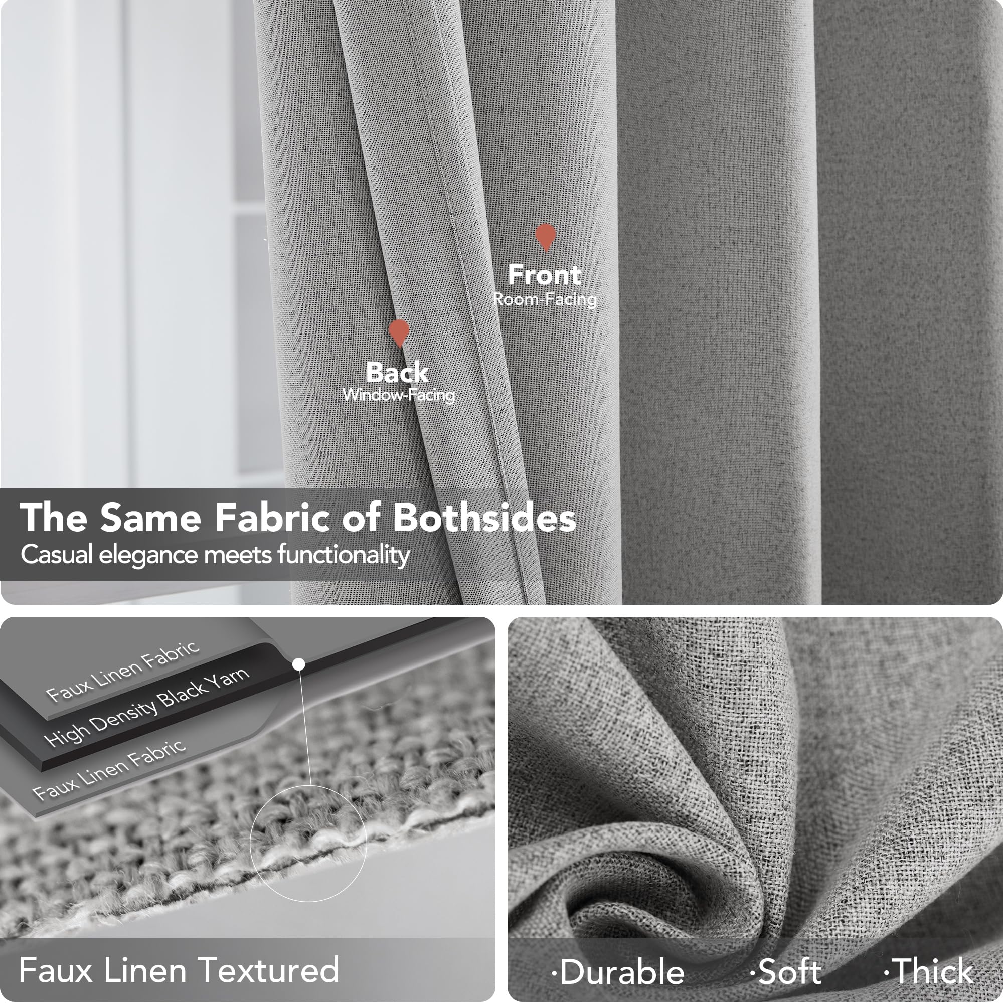 Deconovo Blackout Curtains - 100% Room Darkening Linen Window Drapes with Grommets (Grey, 52x72 Inches, 2 Panels) for Bedroom, Living Room & Nursery - Perfect for Light Sleepers, Home Theater & Daytime Napping