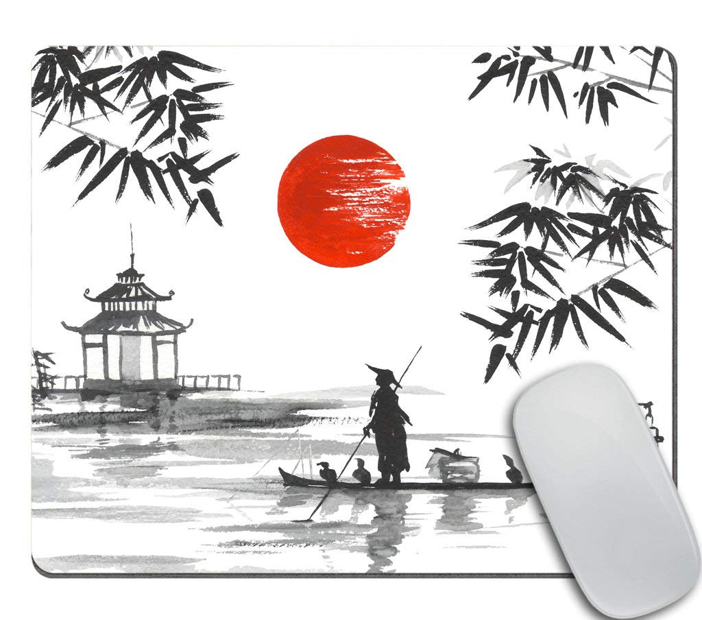 Japanese Sumi-e Painting Mouse Pad - Traditional Tree & Boat Art Non-Slip Rubber Gaming Mousepad for Computer & Laptop - Perfect for Office, Gaming & Home Workspace