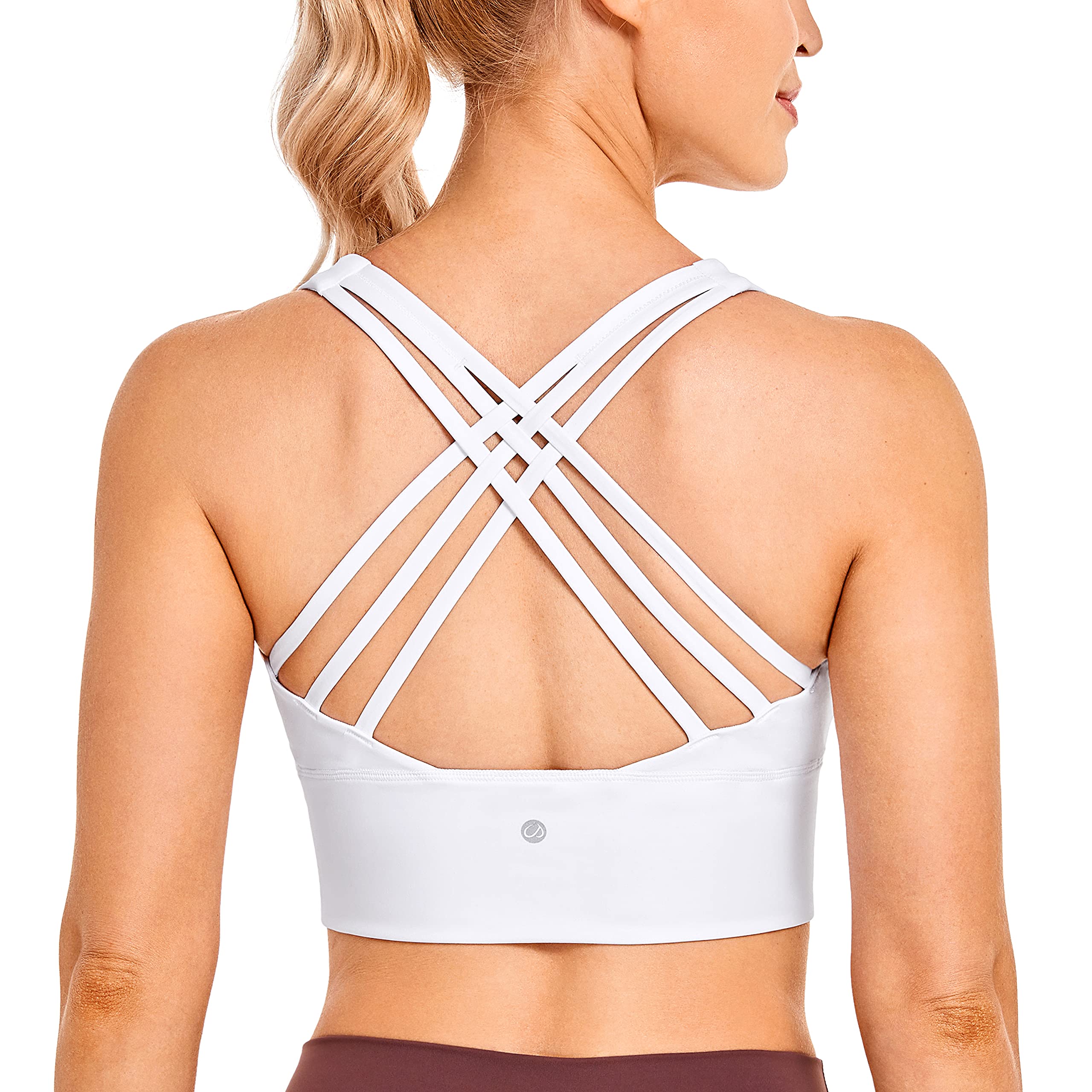 CRZ YOGA Women's Strappy Longline Sports Bra - Wirefree Padded Criss Cross Yoga Bra & Cropped Tank Top for Workout, Running, Gym and Lounge Wear
