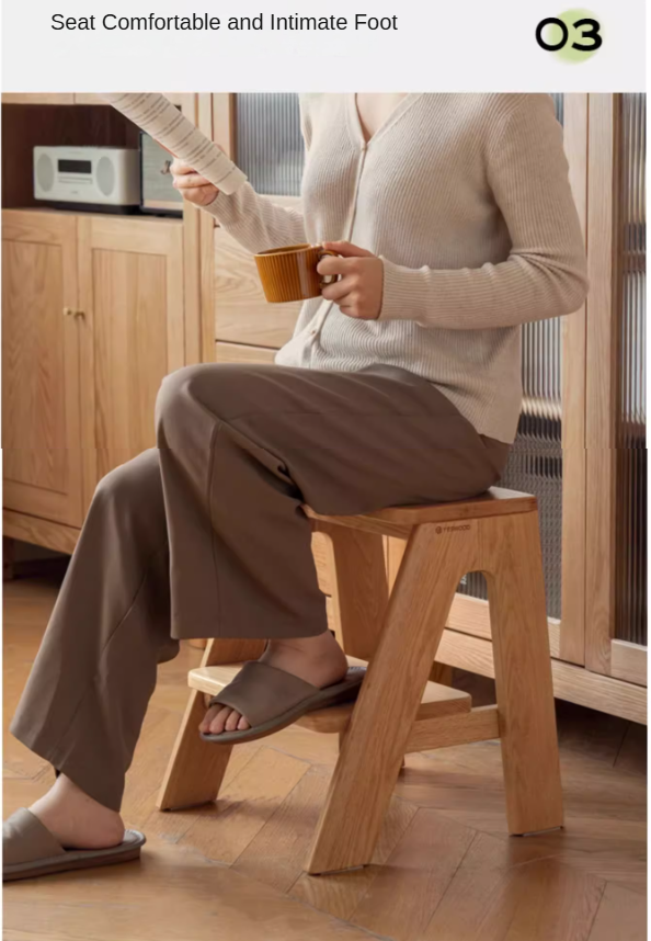 Solid Oak Wood Step Stool - Sturdy 2-Step Ladder for Kitchen, Bathroom & Kids - Non-Slip Safety Footrest for Home, Office & Closet Organization