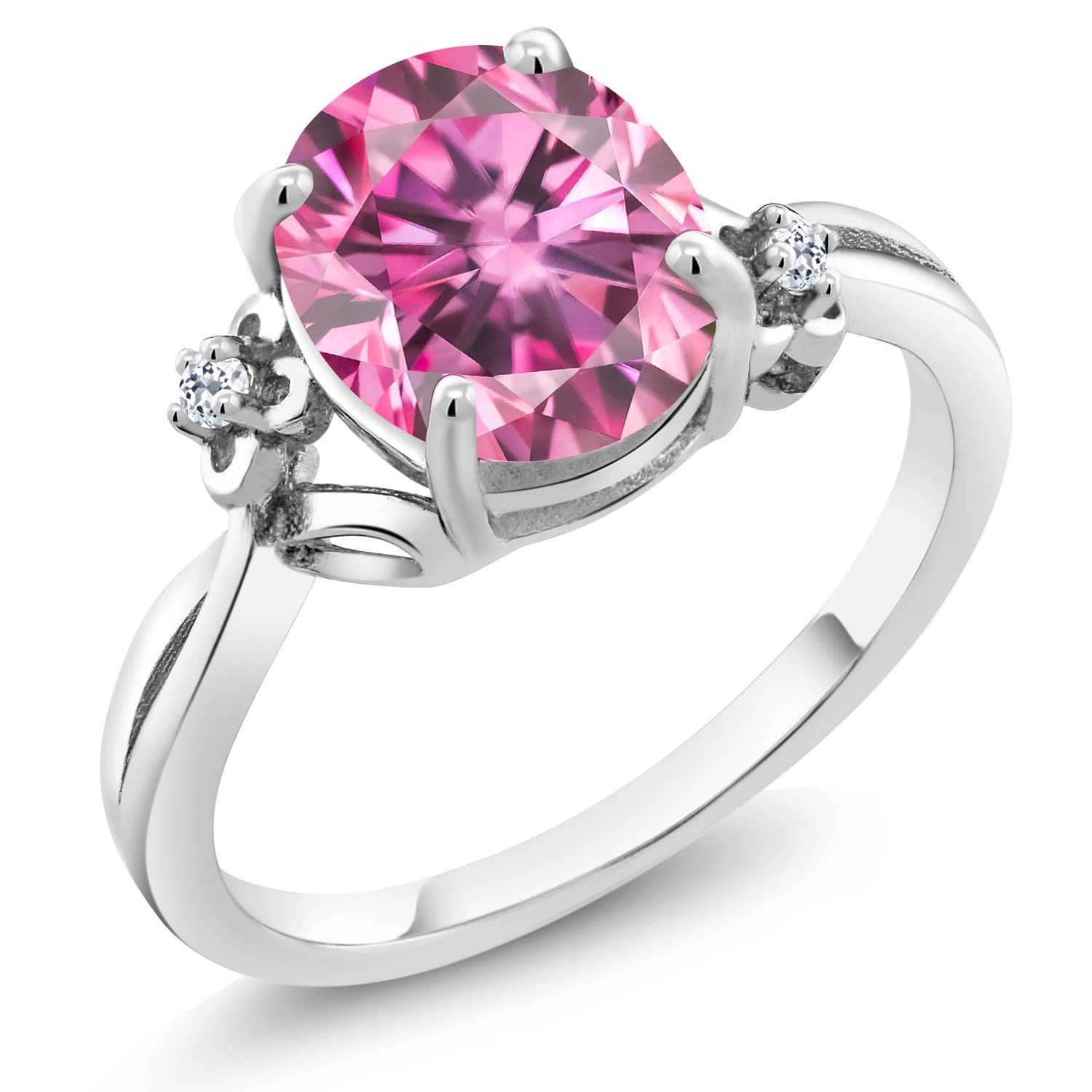 Gem Stone King 925 Sterling Silver Ring with Oval Pink Created Moissanite & White Topaz (2.90 CTTW) - Elegant Jewelry for Women, Perfect for Engagement, Wedding & Everyday Wear