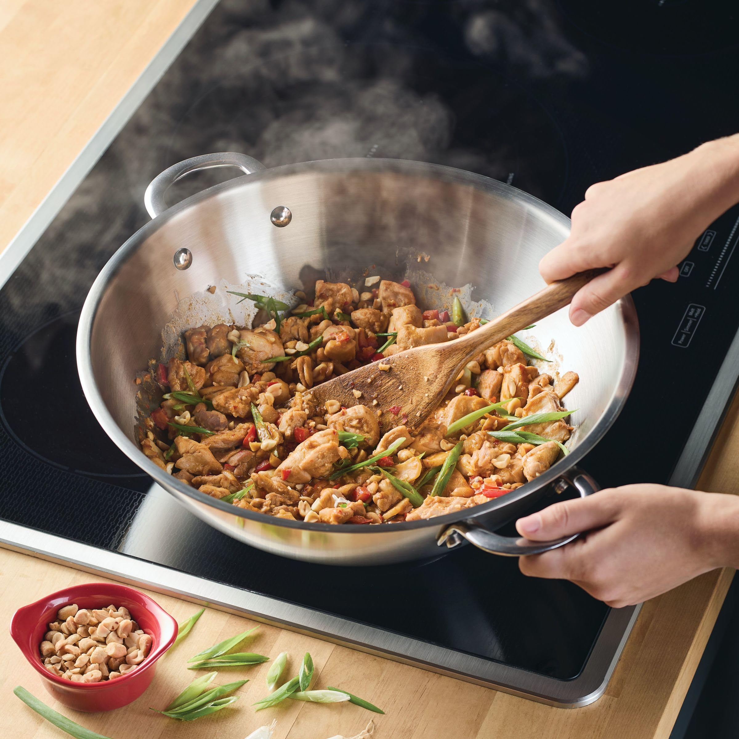 Rachael Ray Professional 14-Inch Stainless Steel Wok & Stir-Fry Pan - Induction Ready, All Cooktop Compatible, Dishwasher & Metal Utensil Safe - Perfect for Asian Cooking, Stir-Frying & High-Heat Searing