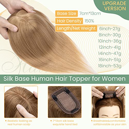 Clip in Human Hair Topper with Silk Base - Natural Looking Hairpiece for Thinning Hair - Perfect for Daily Wear, Special Occasions & Styling