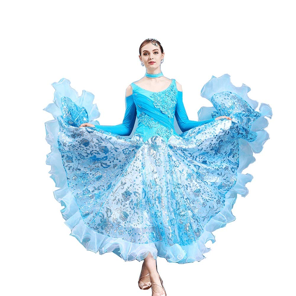 FHxr Women's Long Sleeve Waltz Tango Smooth Competition Standard Ballroom Dance Dress - Elegant Performance Outfit for Latin, Standard & Social Dancing