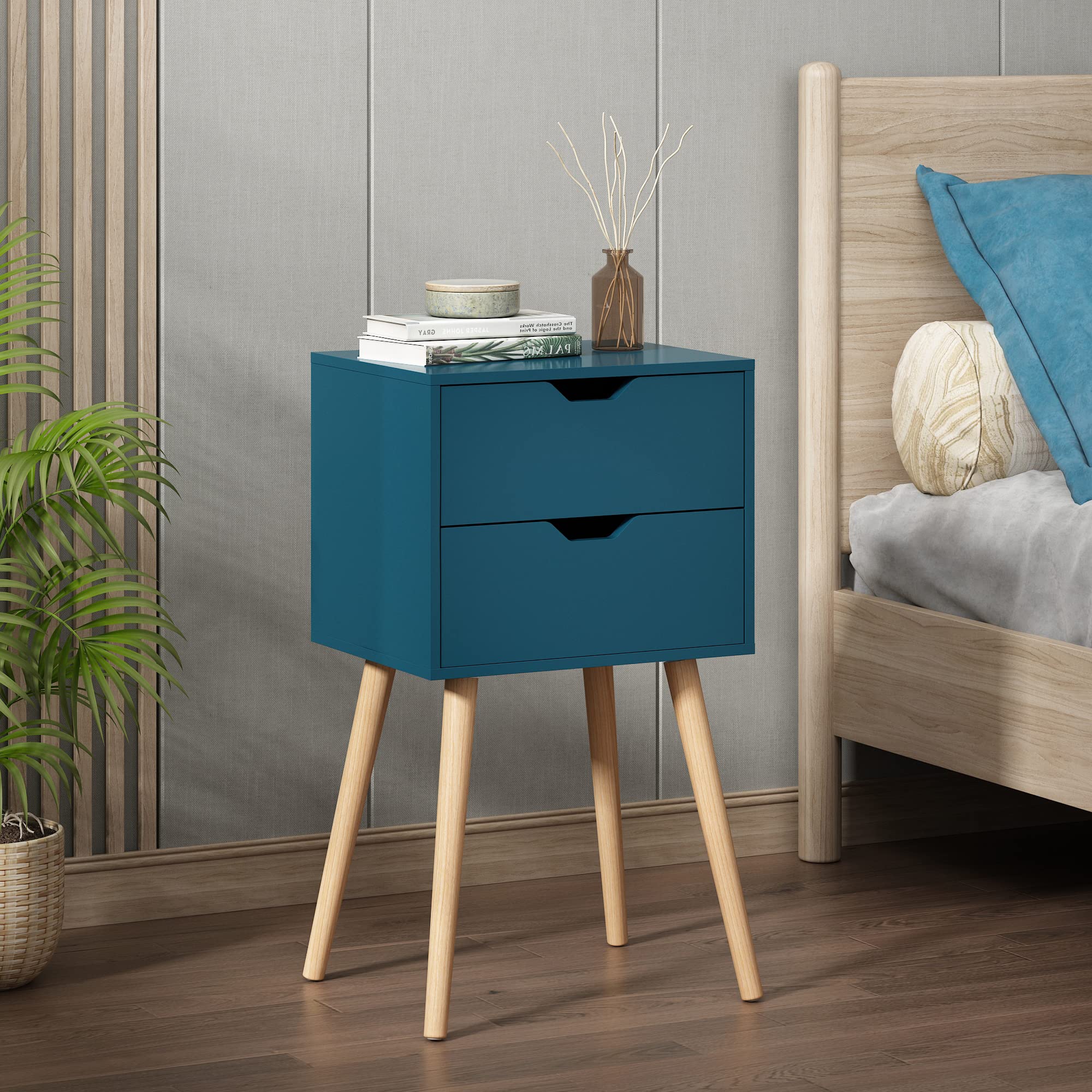 JAXPETY Nightstands Set of 2 - Modern Bedside Tables with Drawers & Solid Wood Legs, Large Storage End Tables for Bedroom (Blue) | Perfect for Small Spaces, Guest Rooms & Apartment Living
