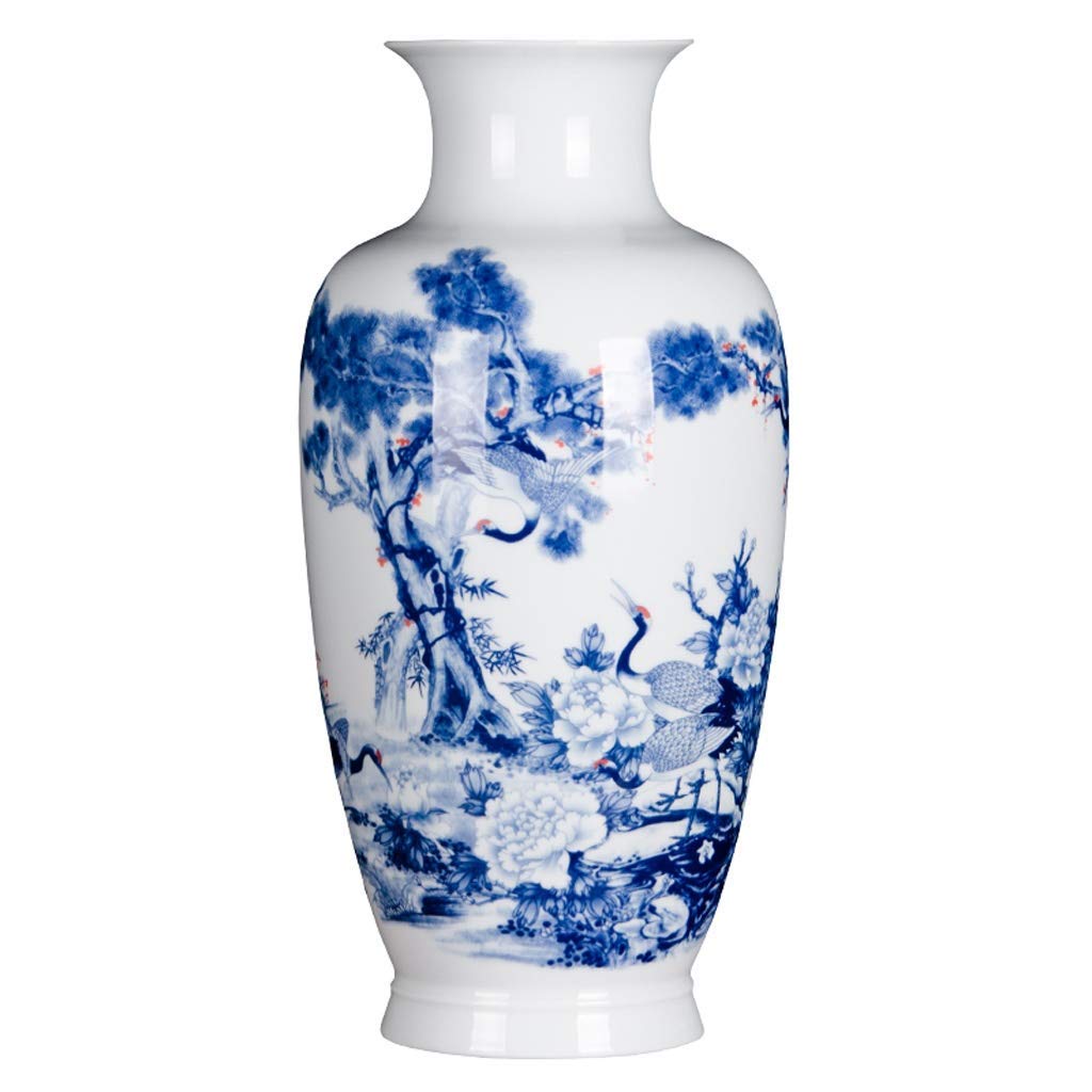 Hand-Painted Blue-and-White Porcelain Floor Vase - Large Chinese Ceramic Vase with Pine Wood Base - Handmade Home Decor for Living Room, Entryway & Office Decoration
