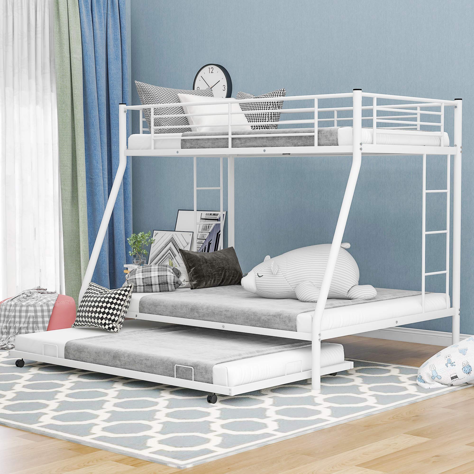 Metal Bunk Beds Twin Over Full Size with 2 Ladders & Trundle Bed - Sturdy Space-Saving Bunk Bed for Kids, Teens & Adults (White) | Perfect for Small Bedrooms, Guest Rooms & Vacation Homes