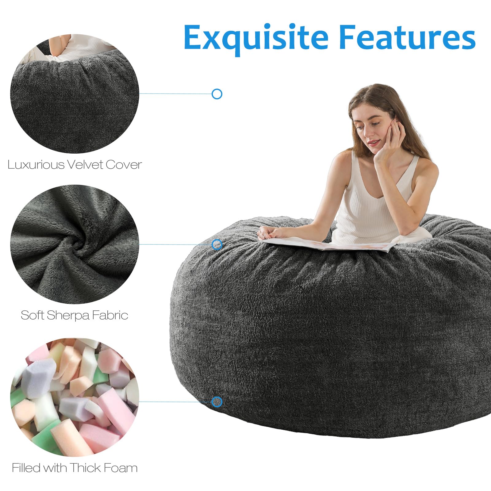 3 ft Sherpa Bean Bag Chair with Filling - Ultra Soft Faux Fur & Memory Foam for Adults & Kids | Dark Gray | Perfect for Living Room, Bedroom & Game Room Lounging