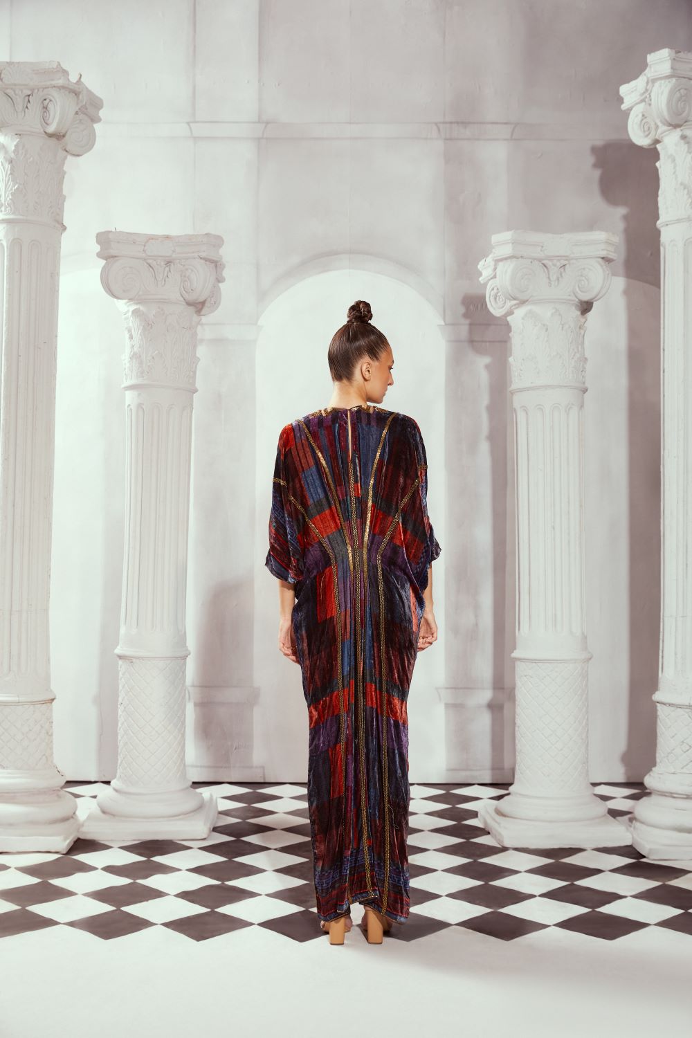 Stylish Tangerine Tile Print Kaftan with Exquisite Baroque Hand Embroidery - Perfect for Beach Cover-ups, Summer Vacations & Boho Fashion