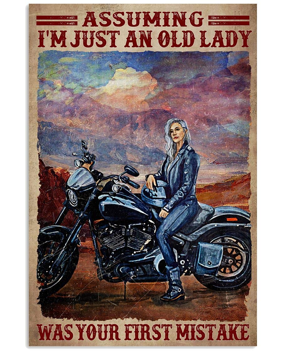 Funny Motorcycle Canvas Wall Art - 'Assuming I'm Just An Old Lady Was Your First Mistake' Poster - Perfect Anniversary, Birthday & Housewarming Gift for Women, Mom, Stepmom & Grandma - Ideal for Living Room, Bedroom Decor & Biker Enthusiasts