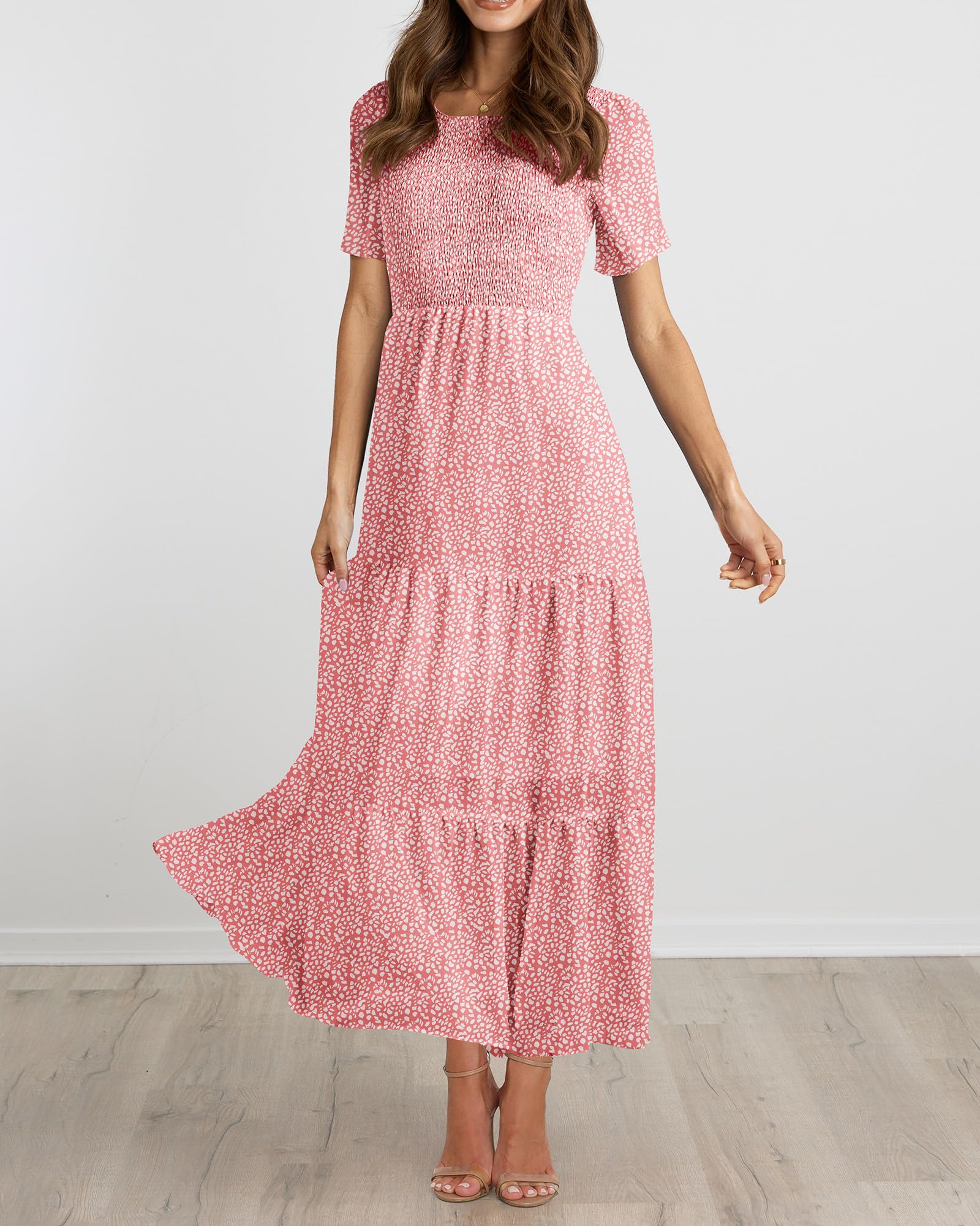 BTFBM Women's Bohemian Floral Print Short Sleeve Maxi Dress - Casual Summer Tiered Cocktail Dress with Crew Neck & Flowy Design | Perfect for Beach Vacations, Music Festivals & Date Nights