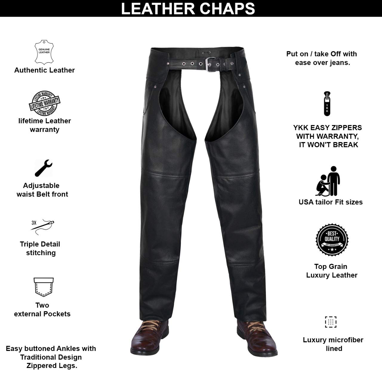 Vintage Leather Cowboy Chaps - Adjustable Motorcycle Pants for Men & Women - Riding Protection - Black