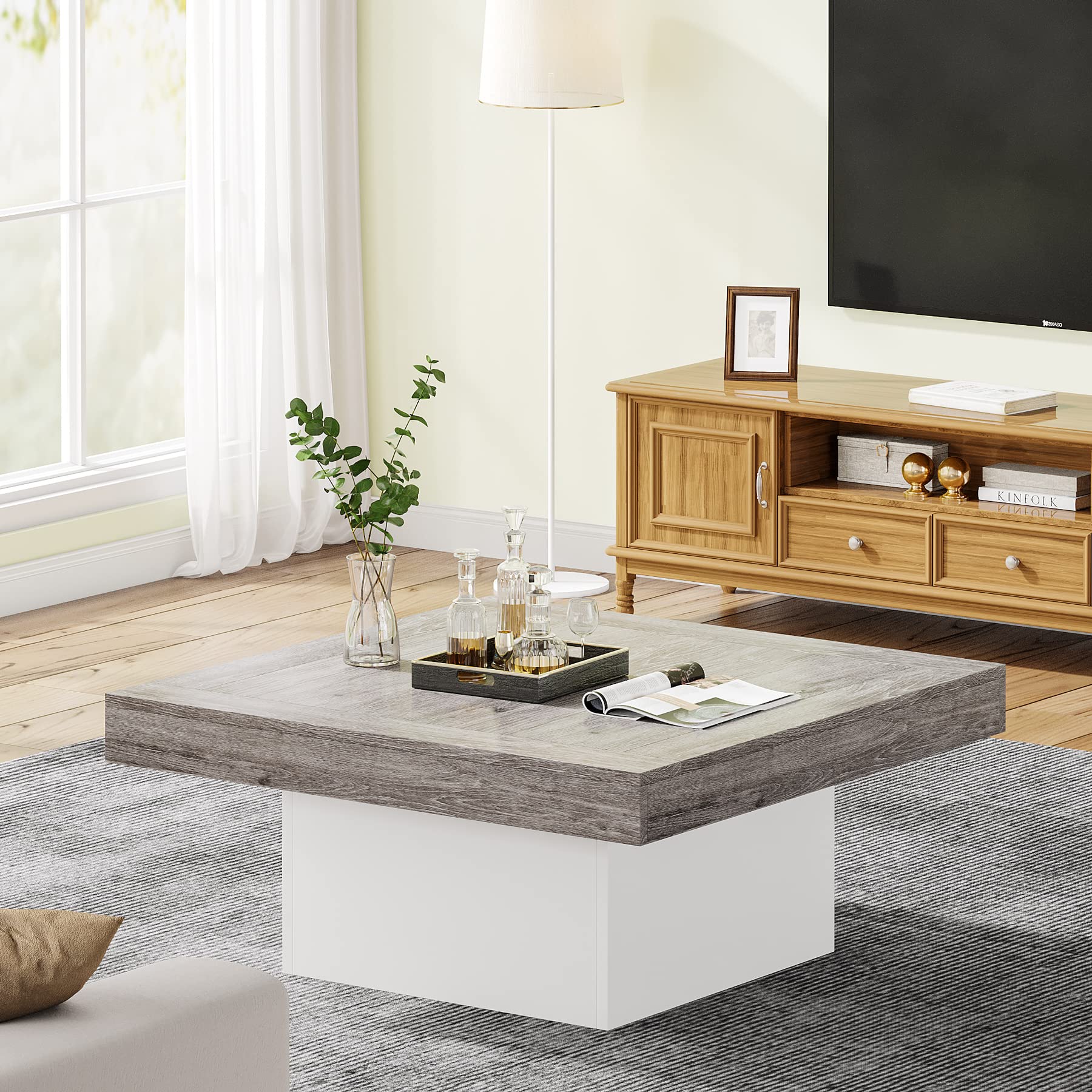 Tribesigns Modern Square LED Coffee Table with Storage - Engineered Wood Living Room Furniture in Grey & White - Perfect for Small Spaces, Apartments & Home Decor